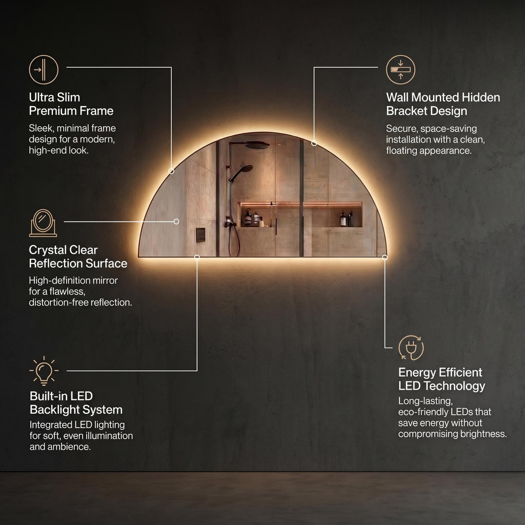 Frameless Half Circle LED Mirror | Modern Backlit Vanity Wall Decor
