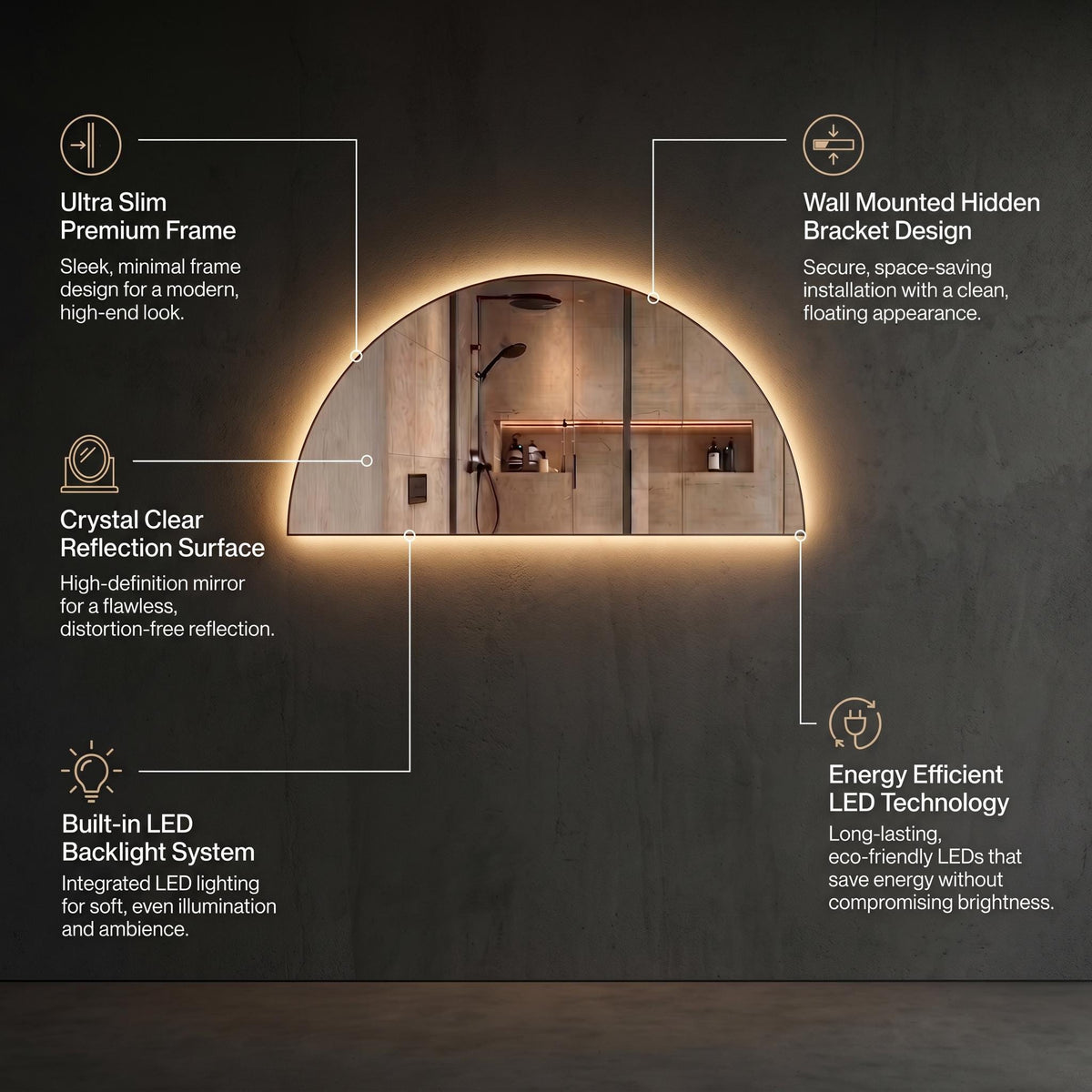 Frameless Half Circle LED Mirror | Modern Backlit Vanity Wall Decor