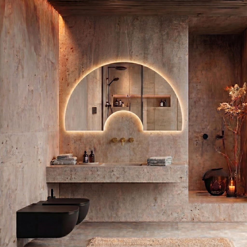 Luna Arch Symmetric Wall Decor  Irregular Bathroom Mirror with LED, Modern Frameless
