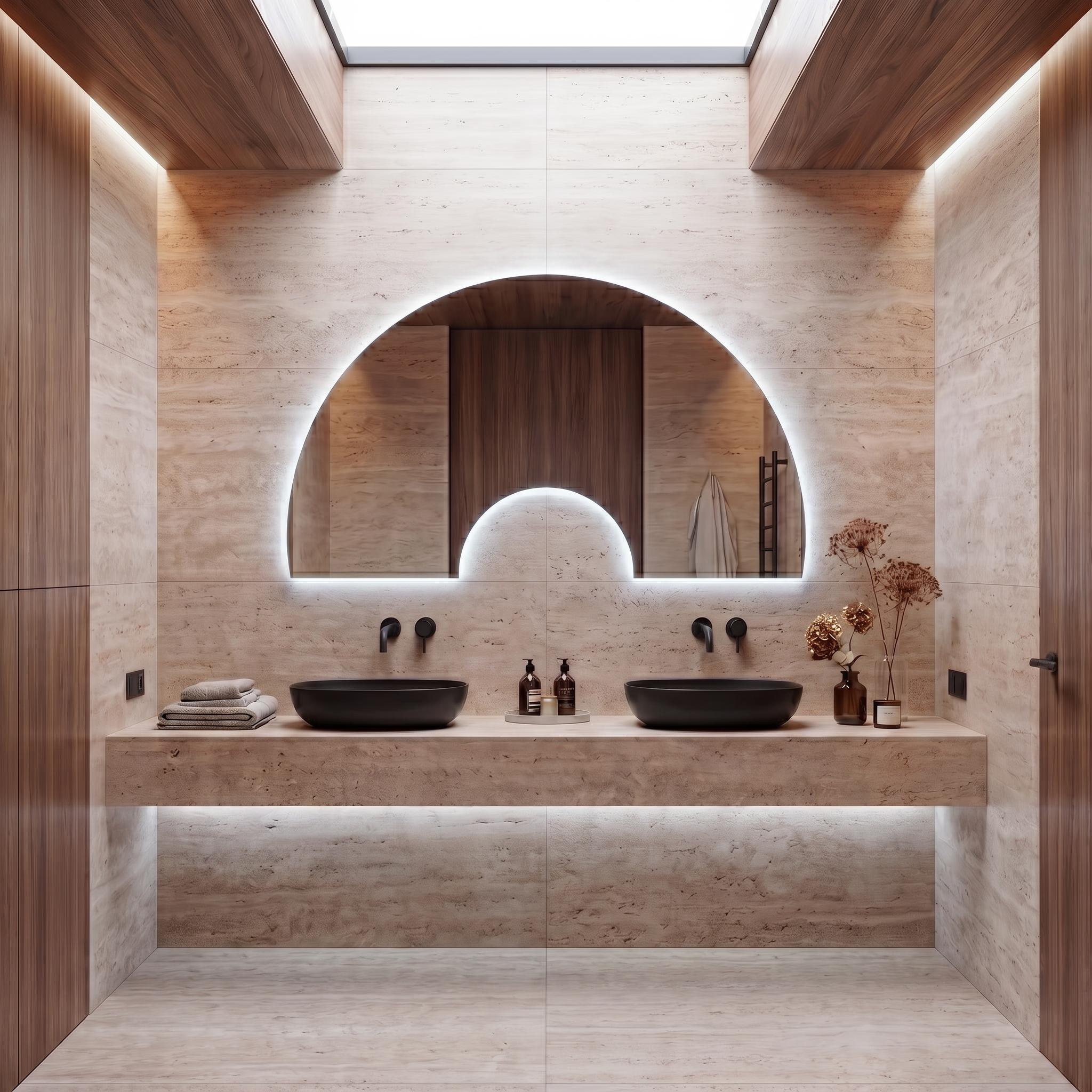 Luna Arch Symmetric Wall Decor  Irregular Bathroom Mirror with LED, Modern Frameless