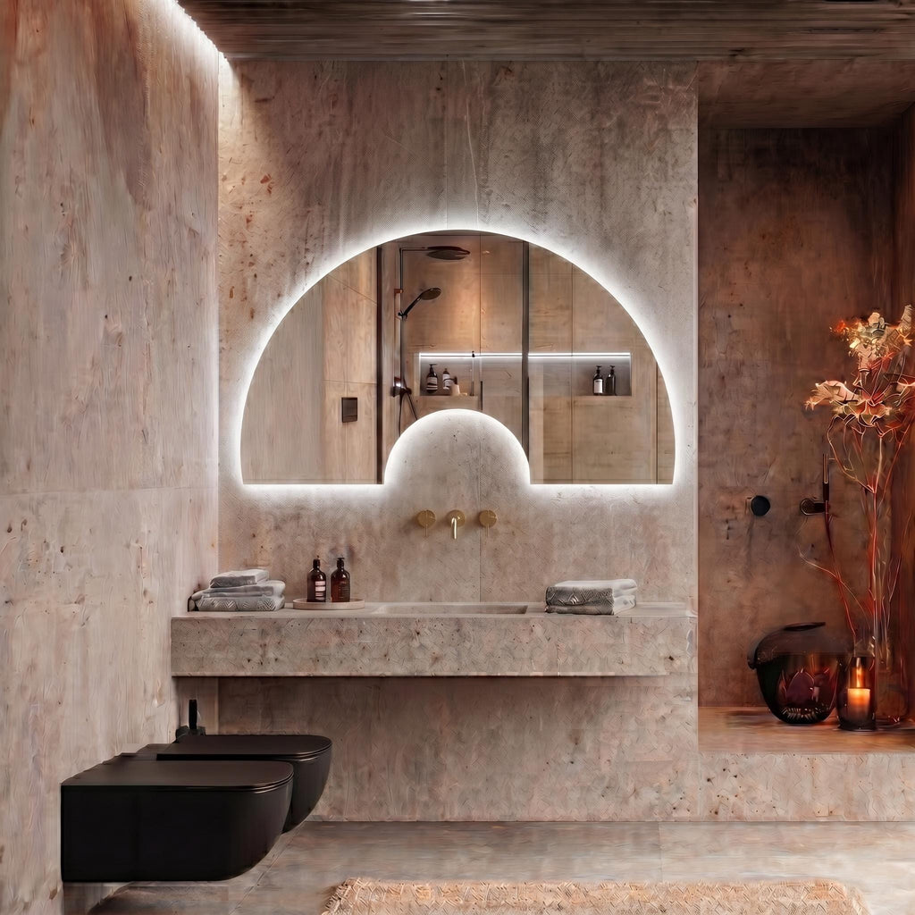Luna Arch Symmetric Wall Decor  Irregular Bathroom Mirror with LED, Modern Frameless