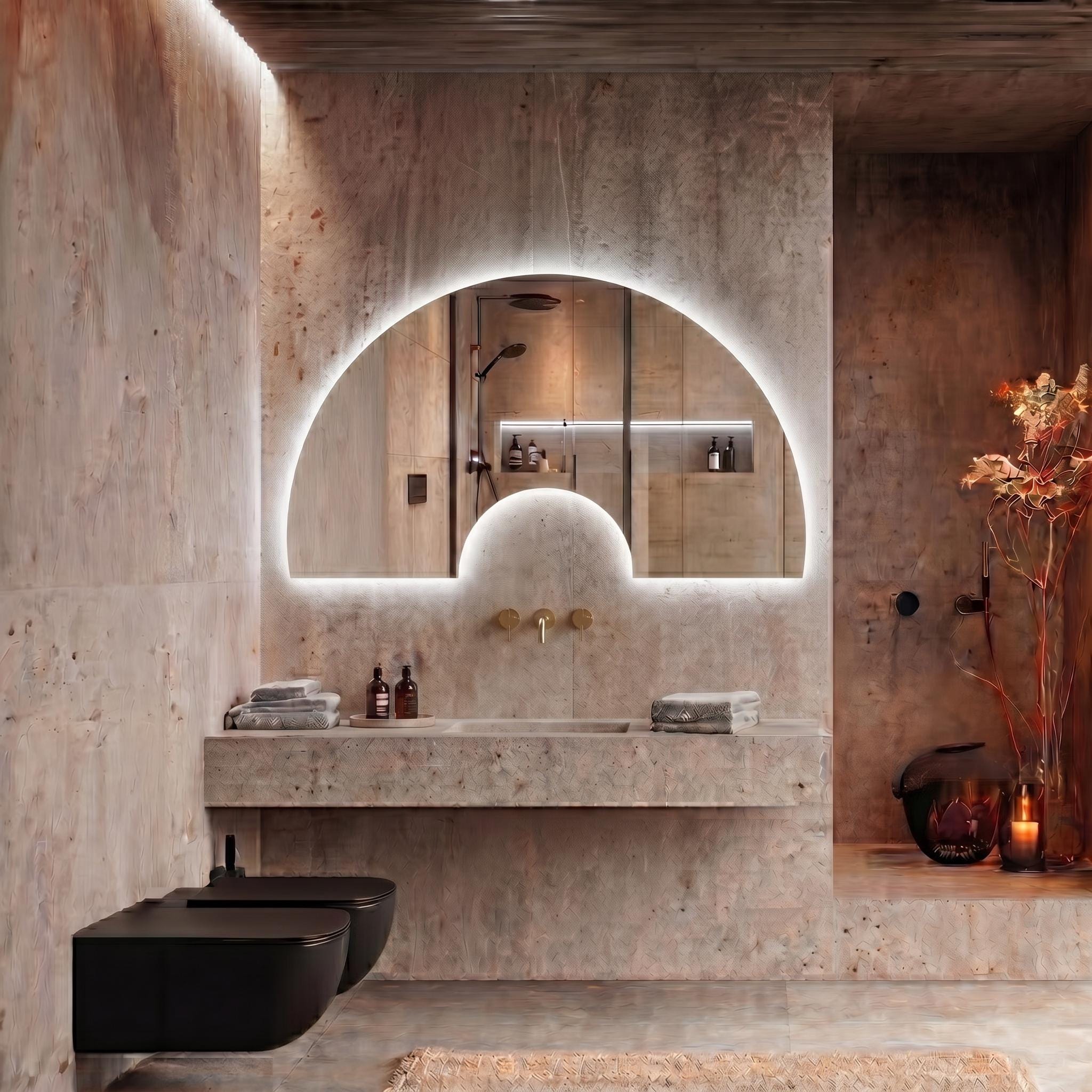 Luna Arch Symmetric Wall Decor  Irregular Bathroom Mirror with LED, Modern Frameless