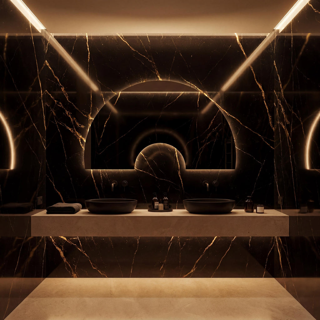 Luna Arch Symmetric Wall Decor  Irregular Bathroom Mirror with LED, Modern Frameless