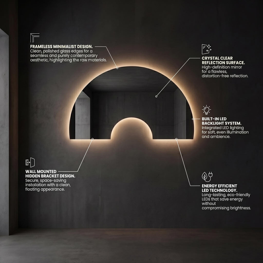 Luna Arch Symmetric Wall Decor  Irregular Bathroom Mirror with LED, Modern Frameless