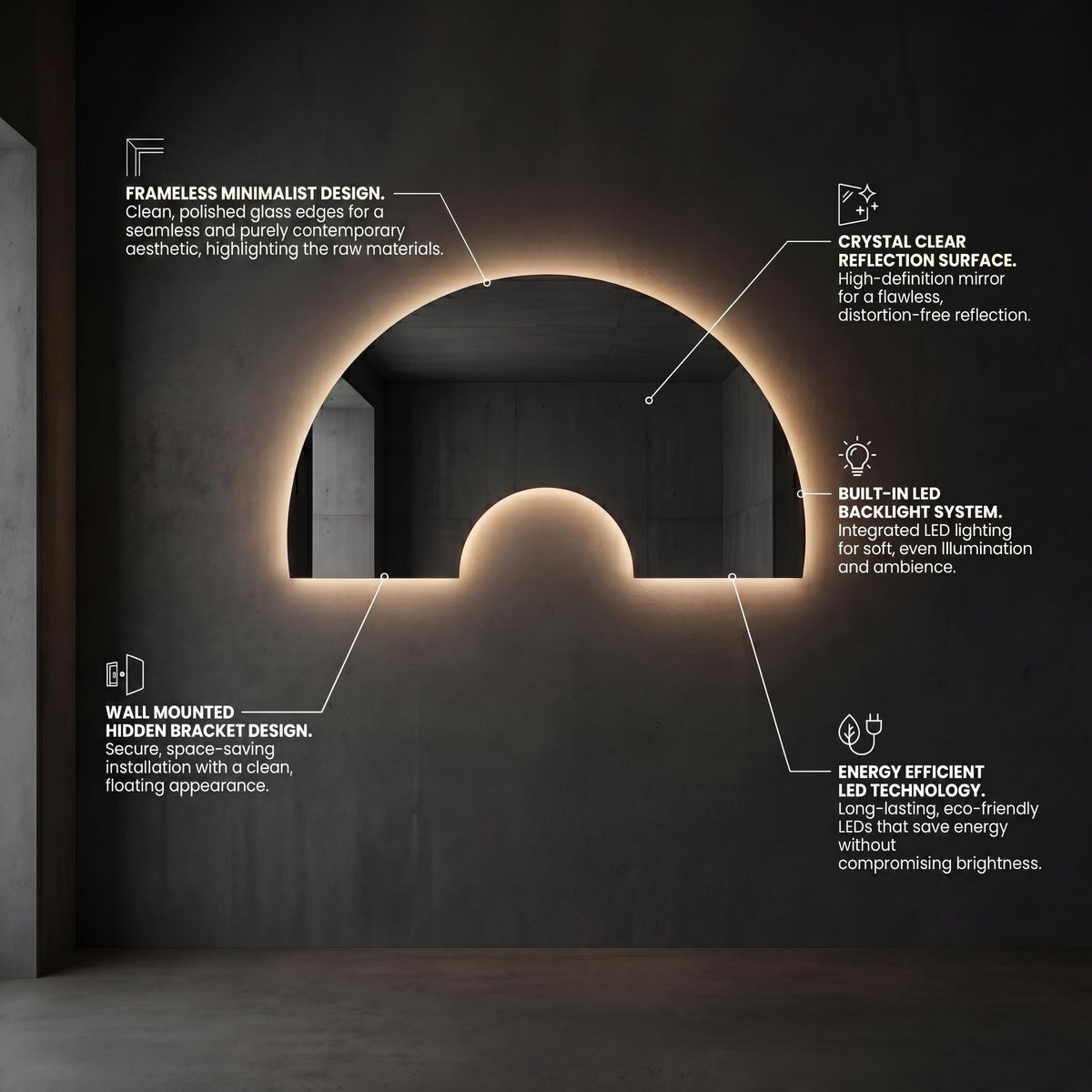 Luna Arch Symmetric Wall Decor  Irregular Bathroom Mirror with LED, Modern Frameless