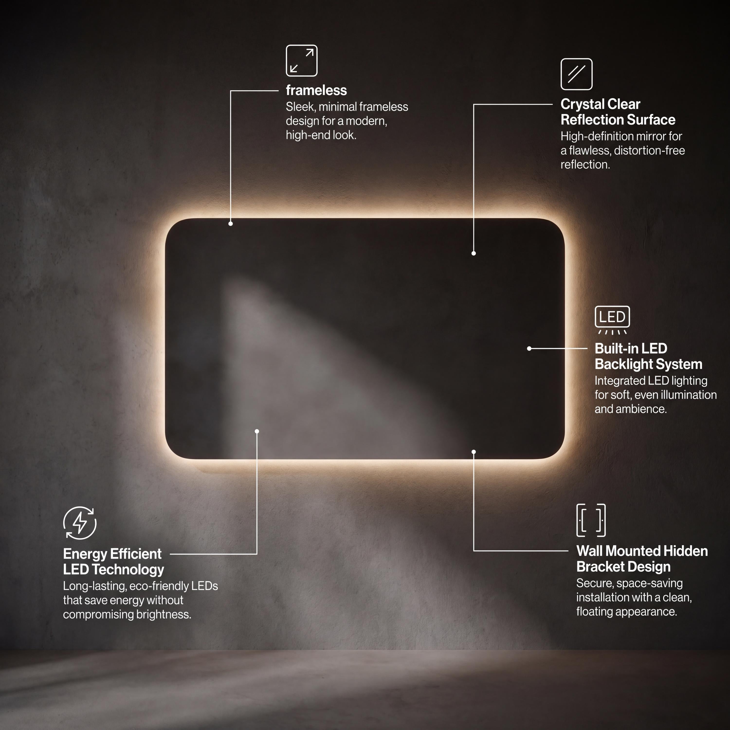 Frameless LED Backlit Rectangle Mirror, Modern Bathroom Vanity Decor, Luxury Wall Mirror
