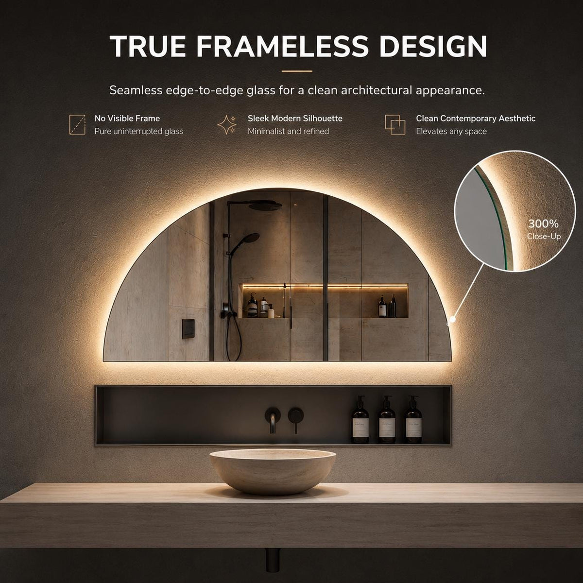 Frameless Half Circle LED Mirror | Modern Backlit Vanity Wall Decor