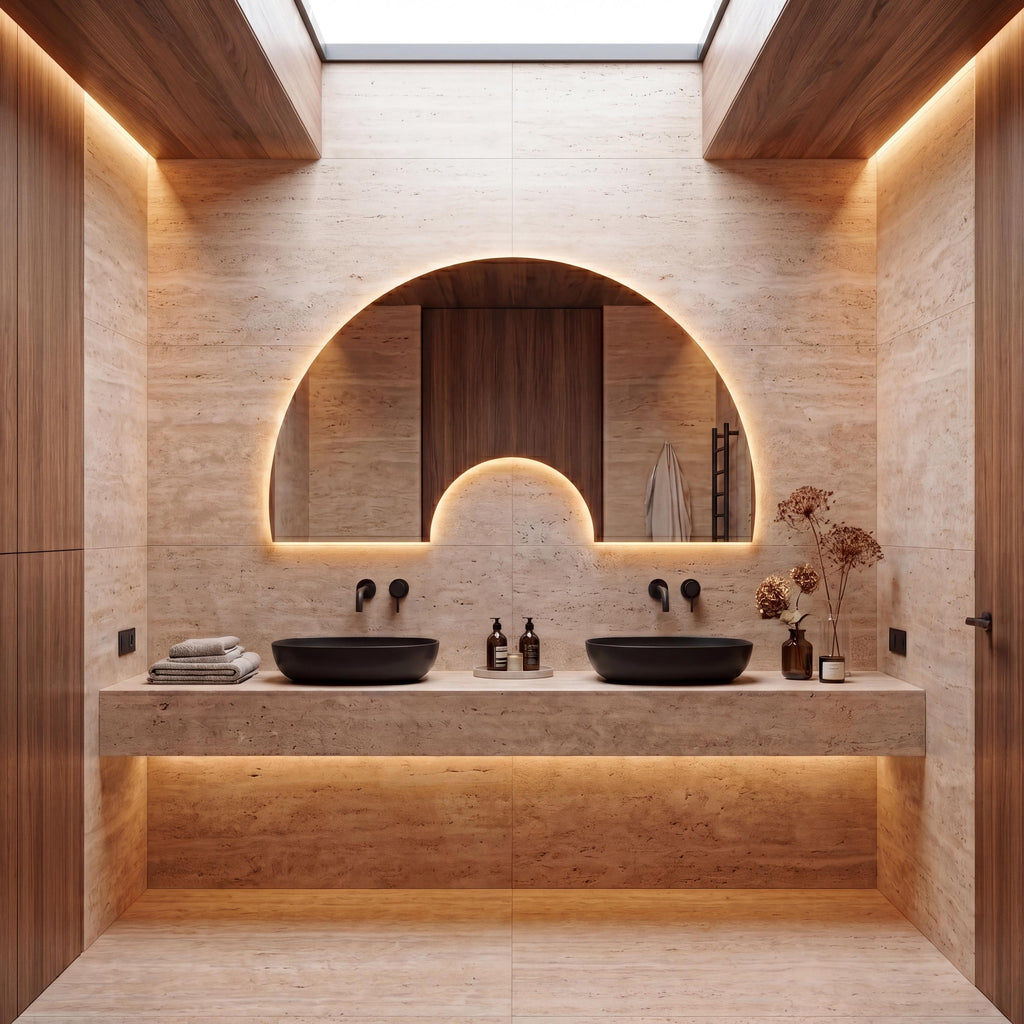 Luna Arch Symmetric Wall Decor  Irregular Bathroom Mirror with LED, Modern Frameless