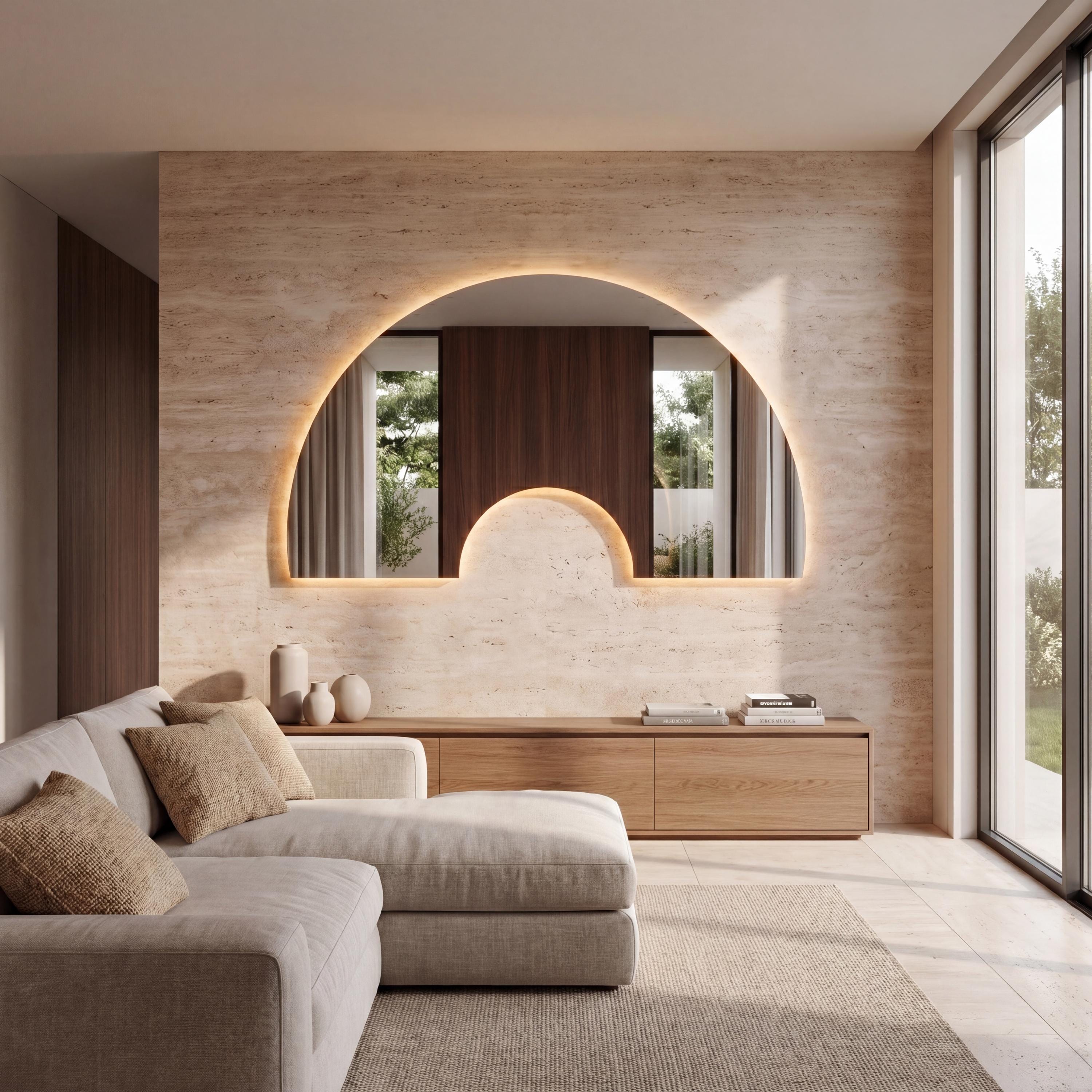 Luna Arch Symmetric Wall Decor  Irregular Bathroom Mirror with LED, Modern Frameless
