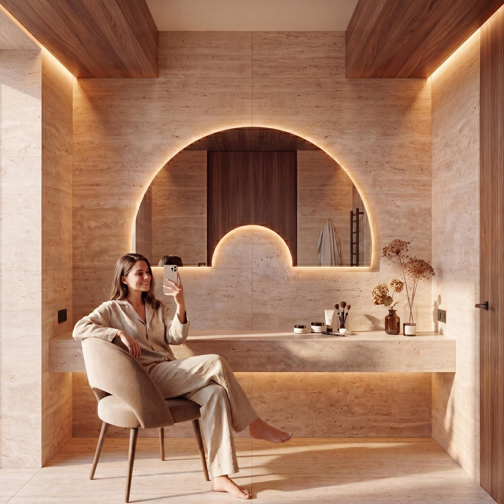 Luna Arch Symmetric Wall Decor  Irregular Bathroom Mirror with LED, Modern Frameless