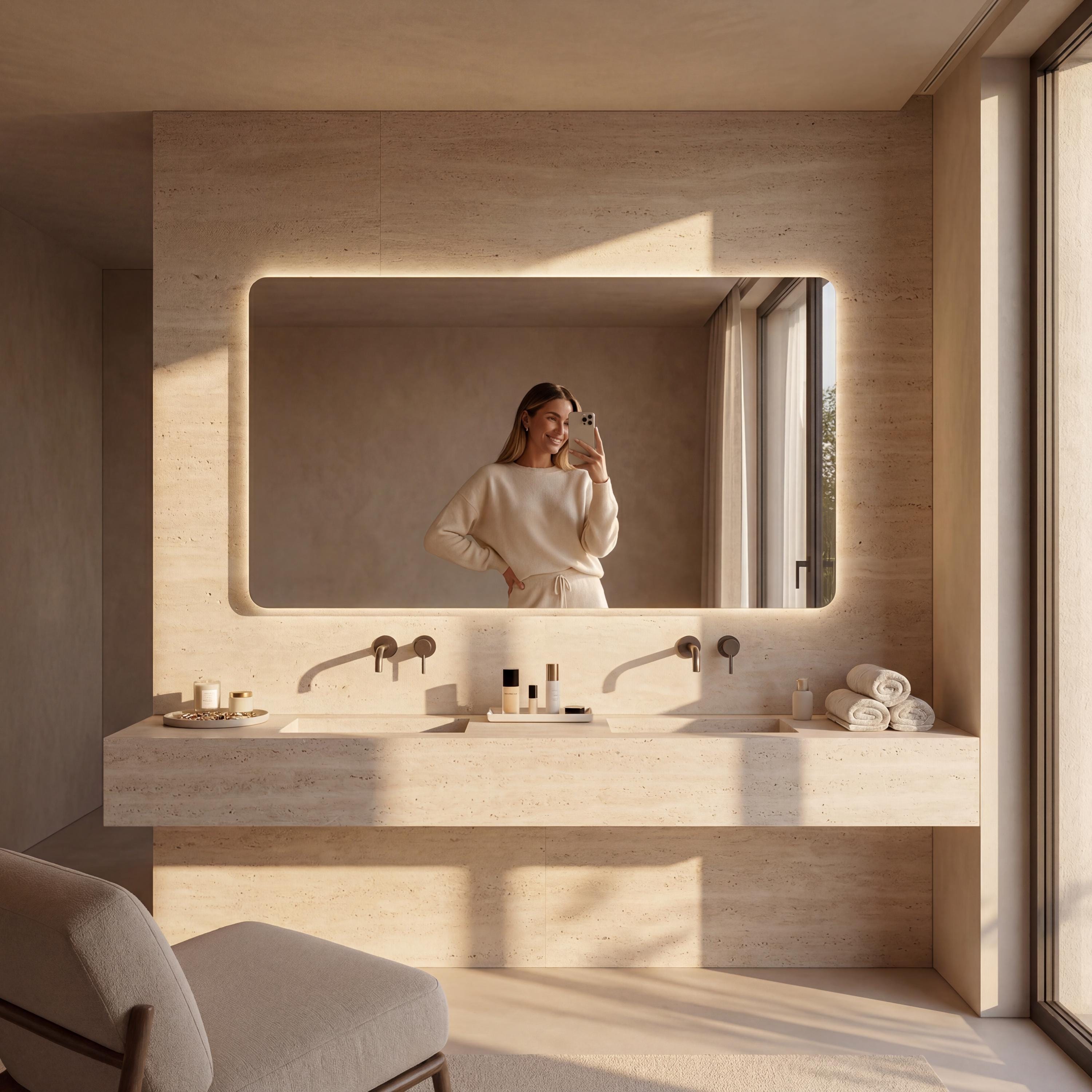 Frameless LED Backlit Rectangle Mirror, Modern Bathroom Vanity Decor, Luxury Wall Mirror