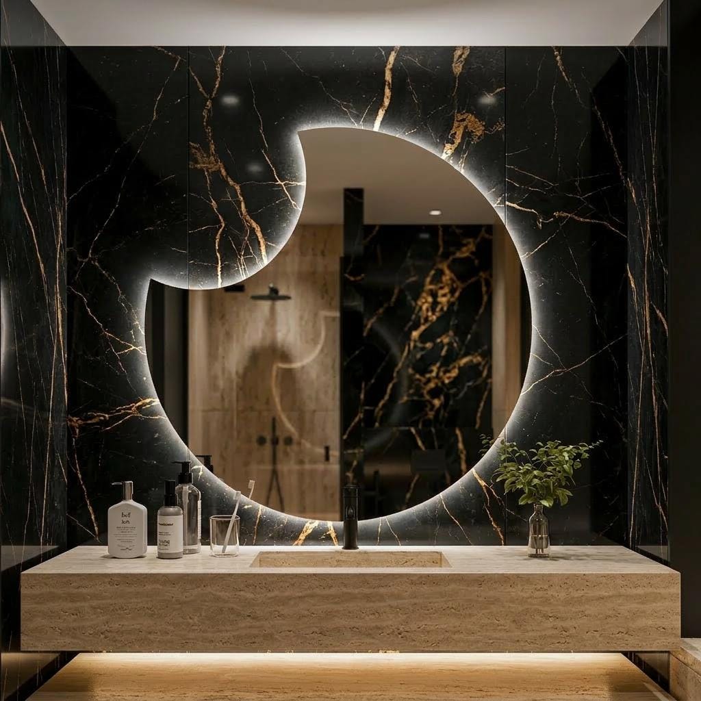 Asymmetrical LED Backlit Mirror, Frameless Modern Bathroom Vanity Decor