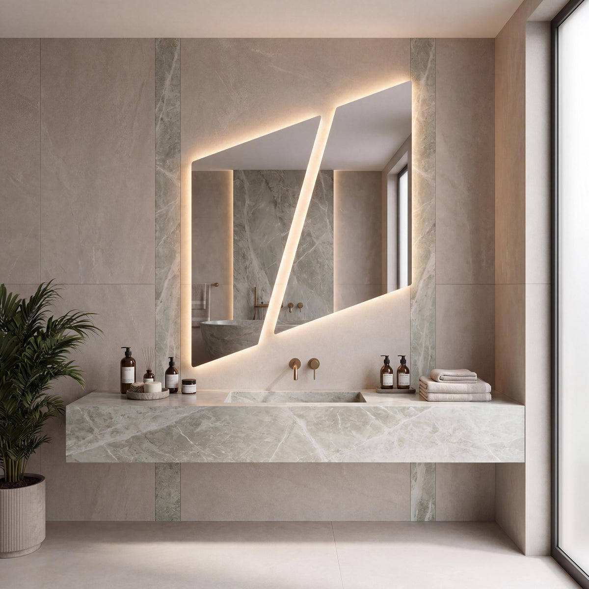 Asymmetrical Geometric LED Bathroom Mirror, Backlit Vanity Wall Light (Warm White/Neutral White)