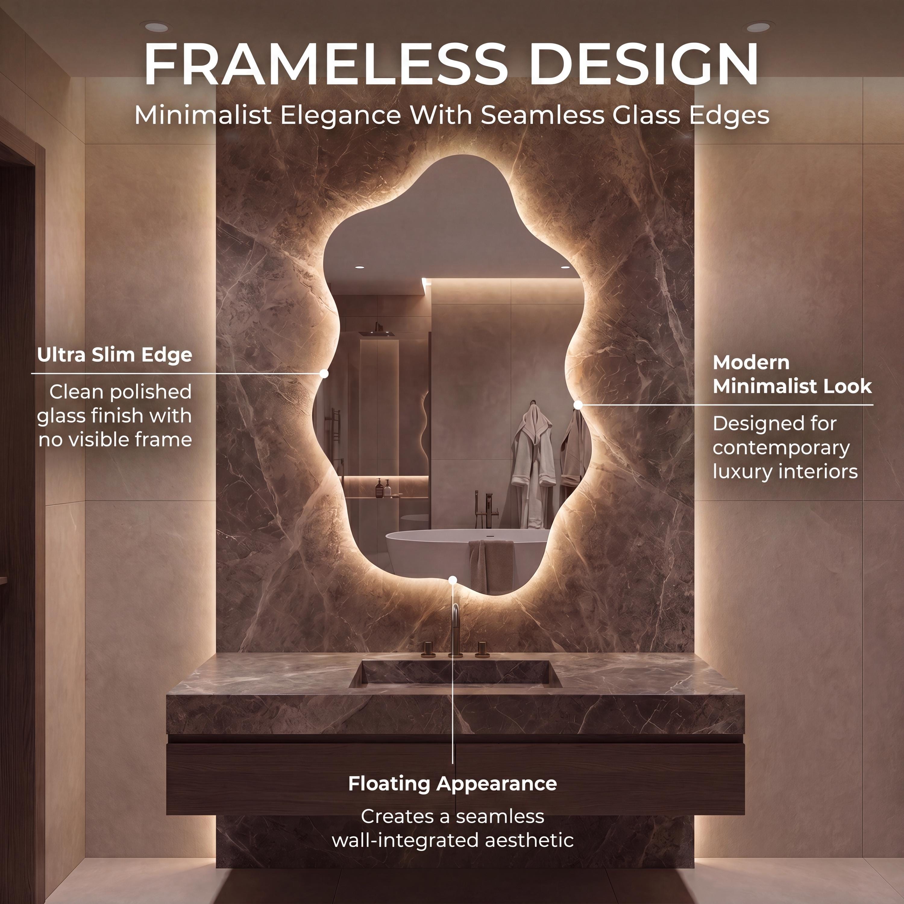 Asymmetrical Organic LED Bathroom Mirror, Modern Luxury Wall Vanity Light Glow