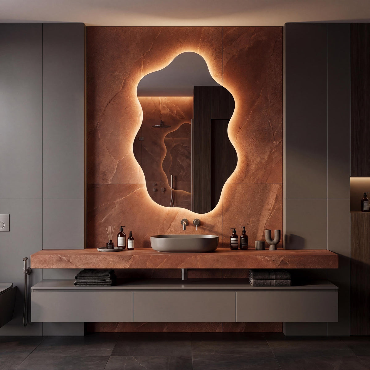 Asymmetrical Organic LED Bathroom Mirror, Modern Luxury Wall Vanity Light Glow