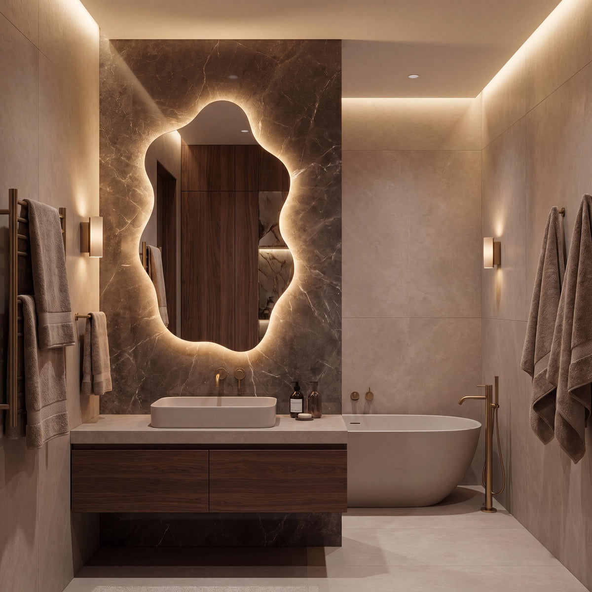 Asymmetrical Organic LED Bathroom Mirror, Modern Luxury Wall Vanity Light Glow