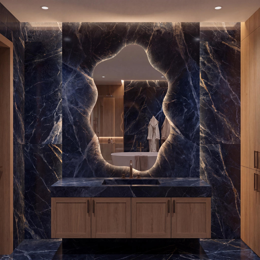 Asymmetrical Organic LED Bathroom Mirror, Modern Luxury Wall Vanity Light Glow
