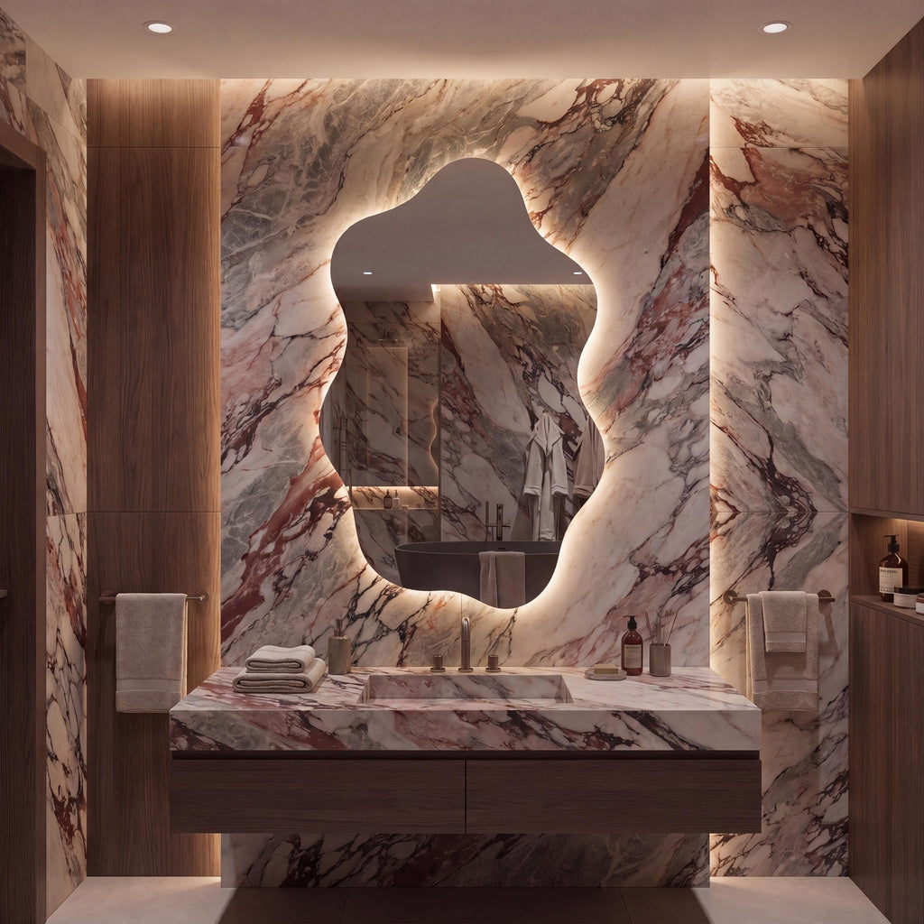 Asymmetrical Organic LED Bathroom Mirror, Modern Luxury Wall Vanity Light Glow