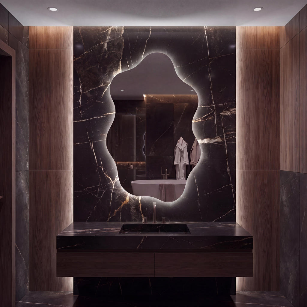 Asymmetrical Organic LED Bathroom Mirror, Modern Luxury Wall Vanity Light Glow
