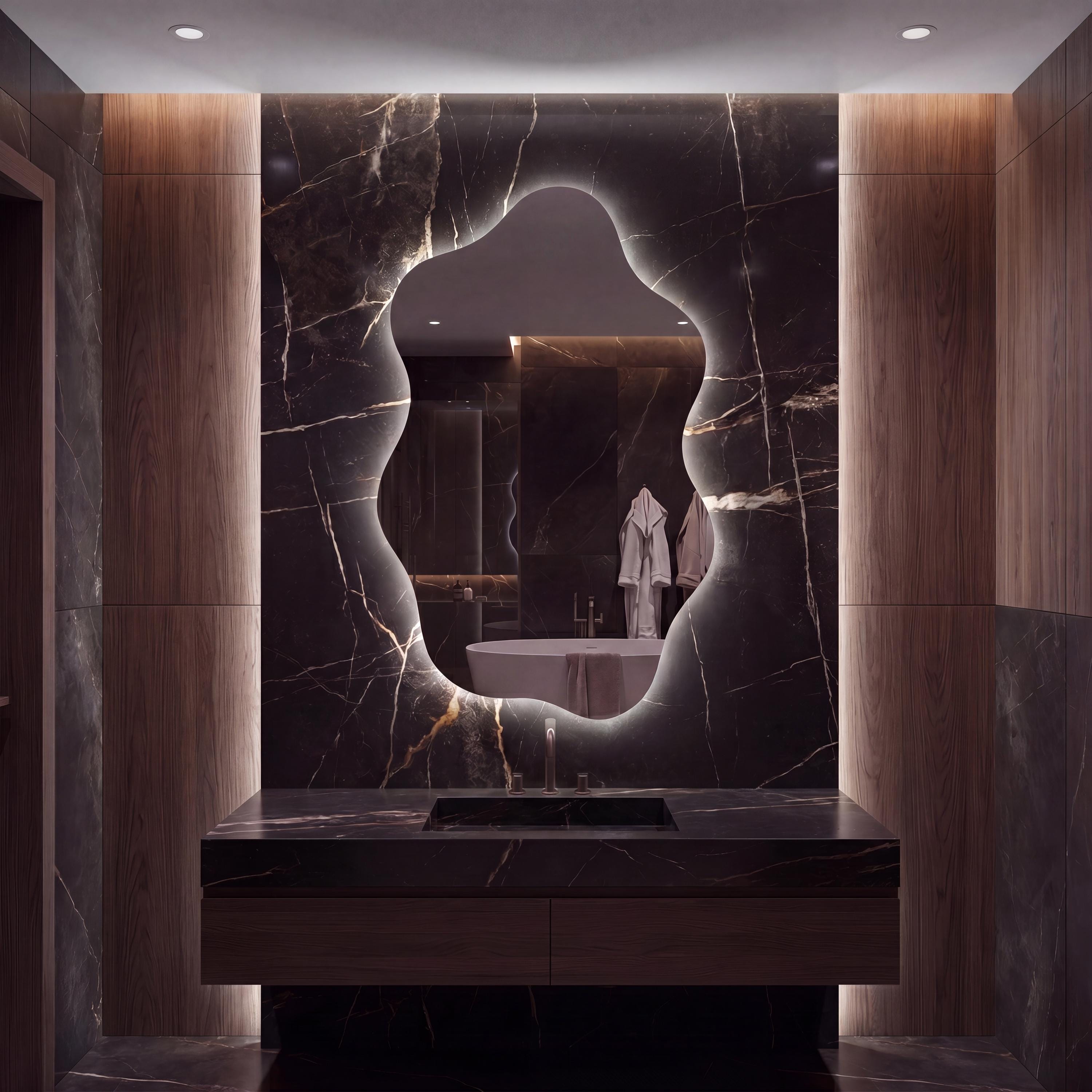 Asymmetrical Organic LED Bathroom Mirror, Modern Luxury Wall Vanity Light Glow