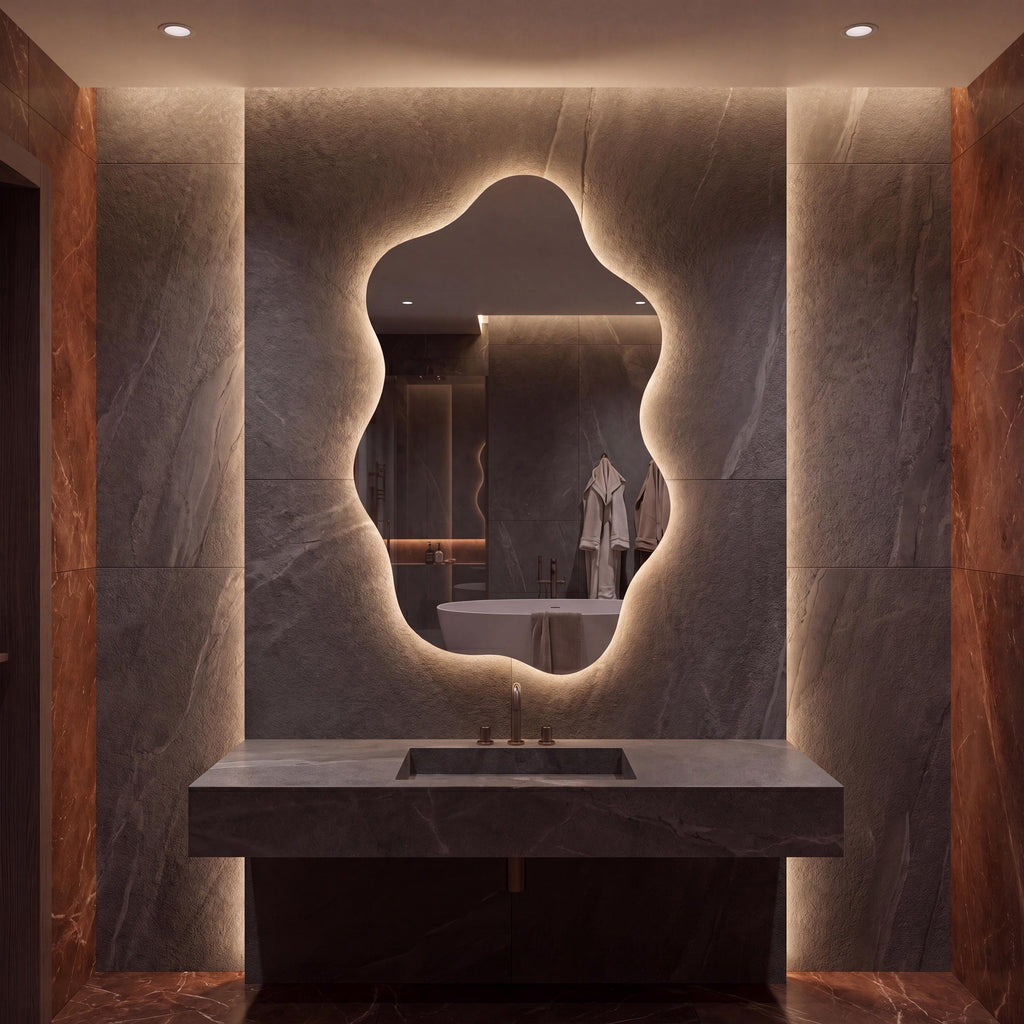 Asymmetrical Organic LED Bathroom Mirror, Modern Luxury Wall Vanity Light Glow