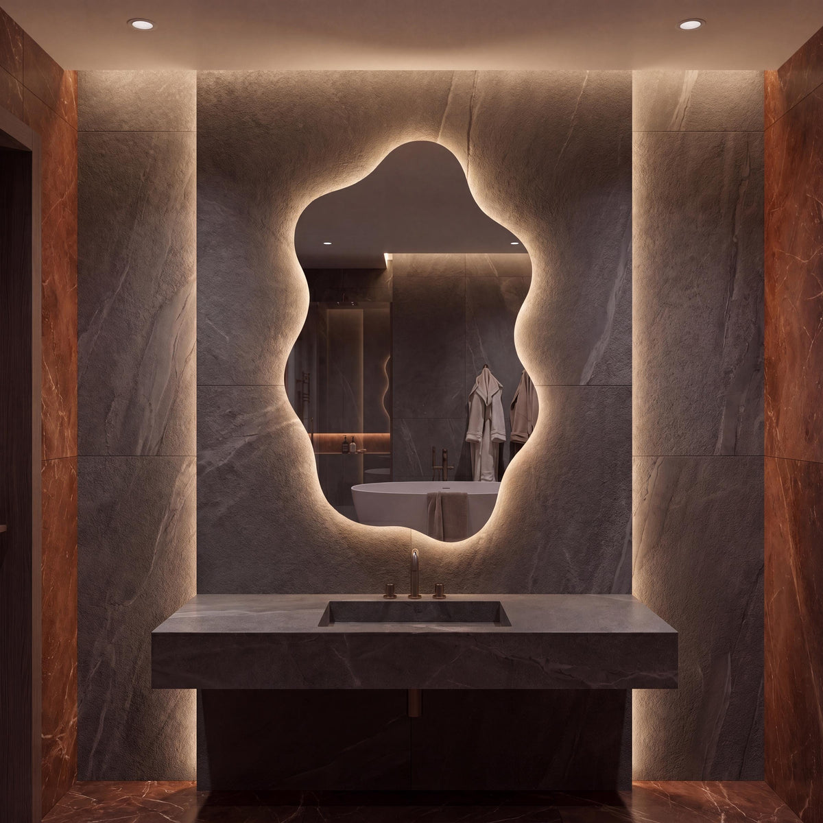 Asymmetrical Organic LED Bathroom Mirror, Modern Luxury Wall Vanity Light Glow