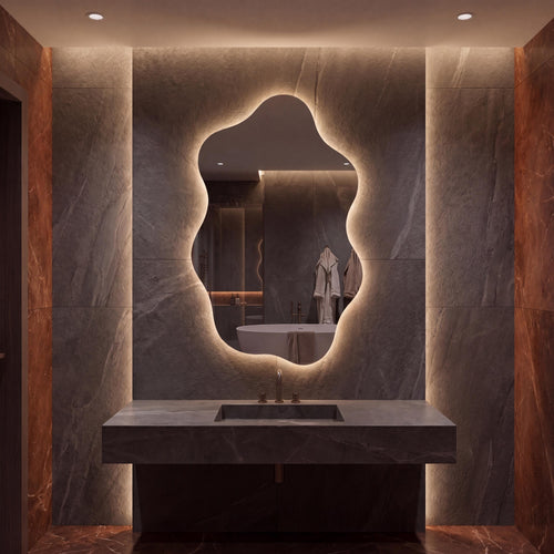 Asymmetrical Organic LED Bathroom Mirror, Modern Luxury Wall Vanity Light Glow