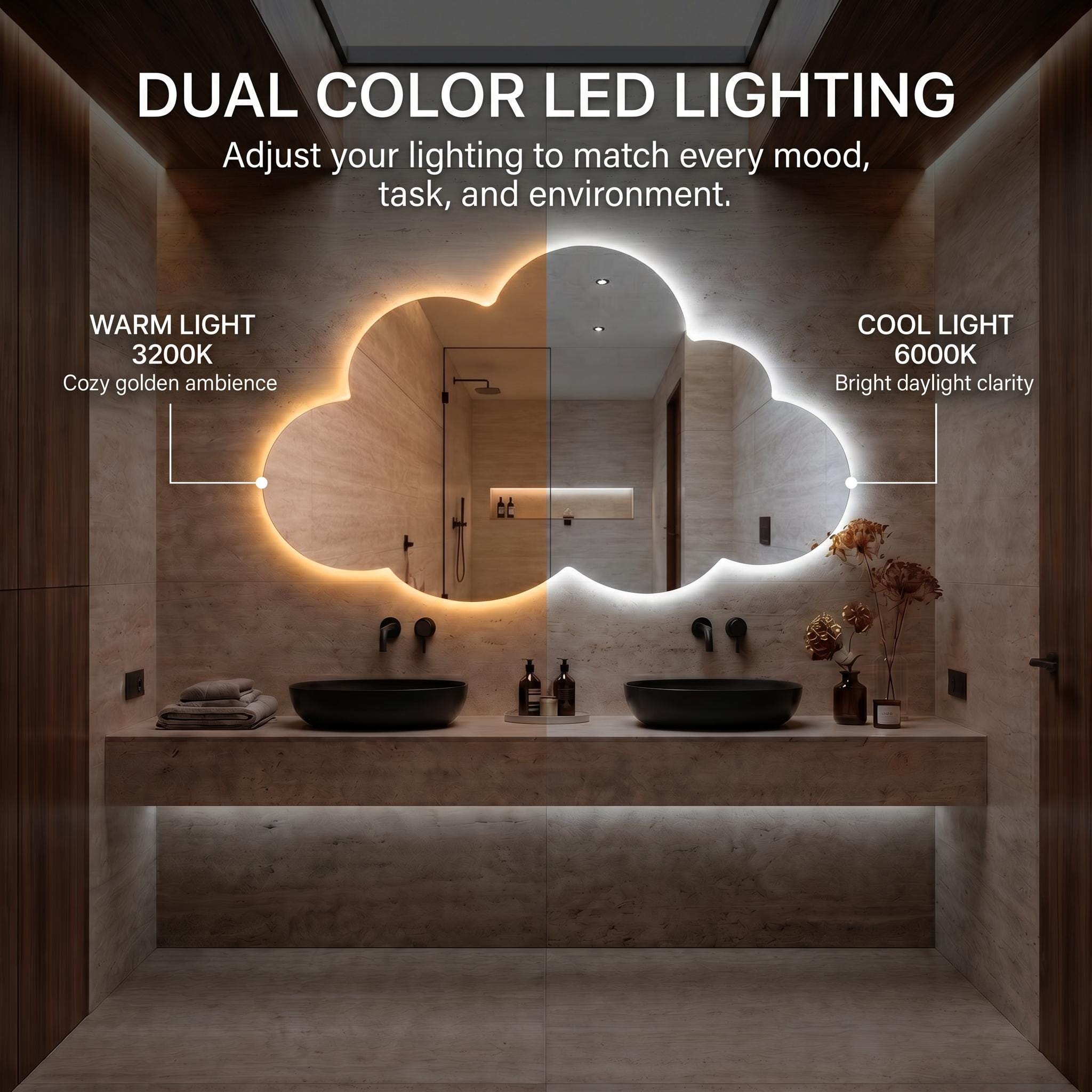 Asymmetrical Cloud LED Mirror - Backlit Bathroom & Bedroom Vanity Mirror - Irregular Wavy Wall Decor