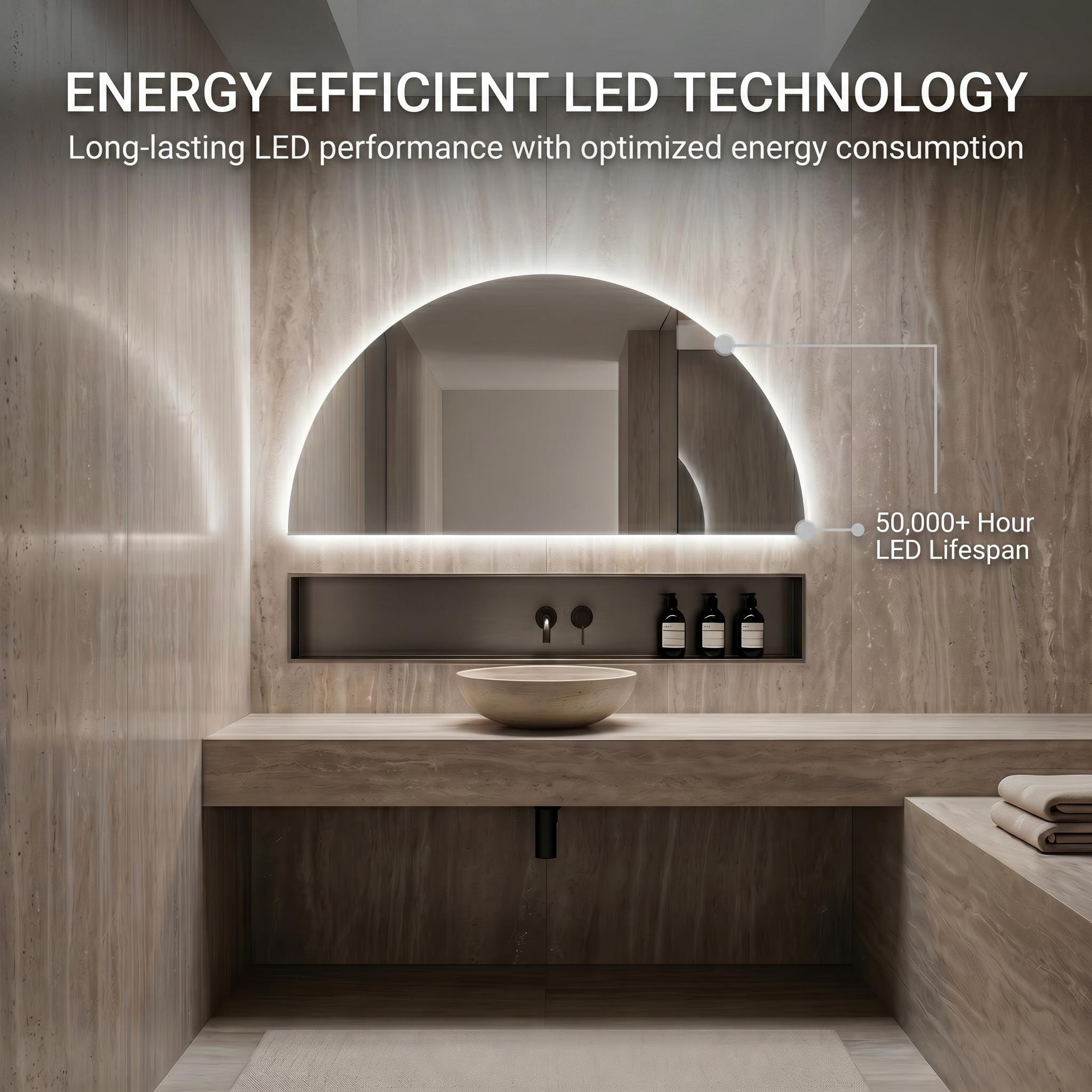 Frameless Half Circle LED Mirror | Modern Backlit Vanity Wall Decor