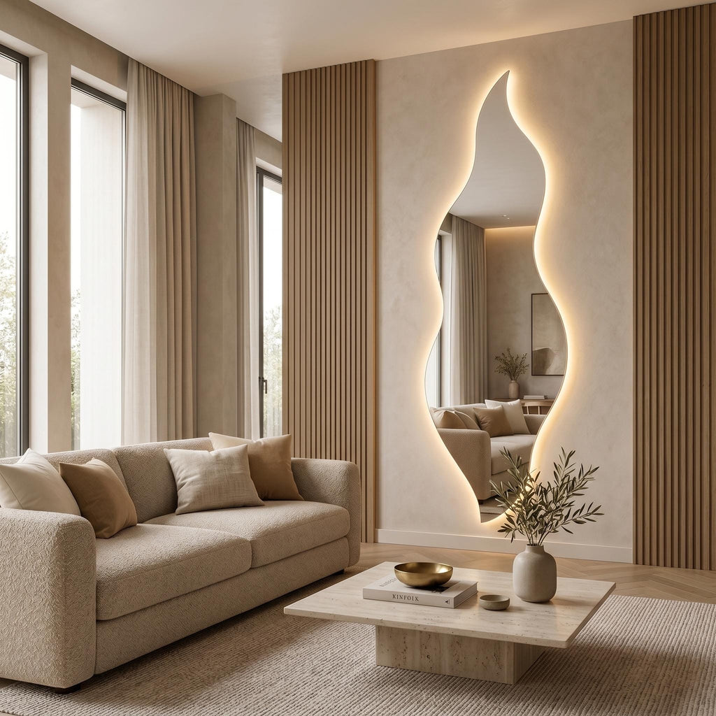 Flame Shaped LED Mirror, Frameless Backlit Wavy Vanity Mirror