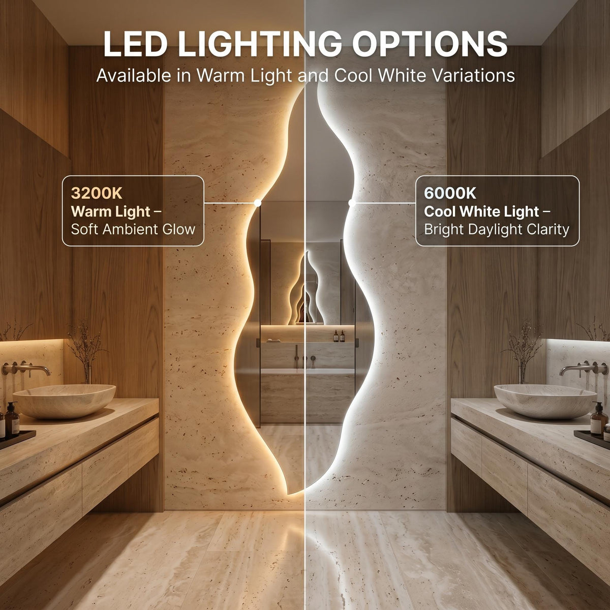 Flame Shaped LED Mirror, Frameless Backlit Wavy Vanity Mirror