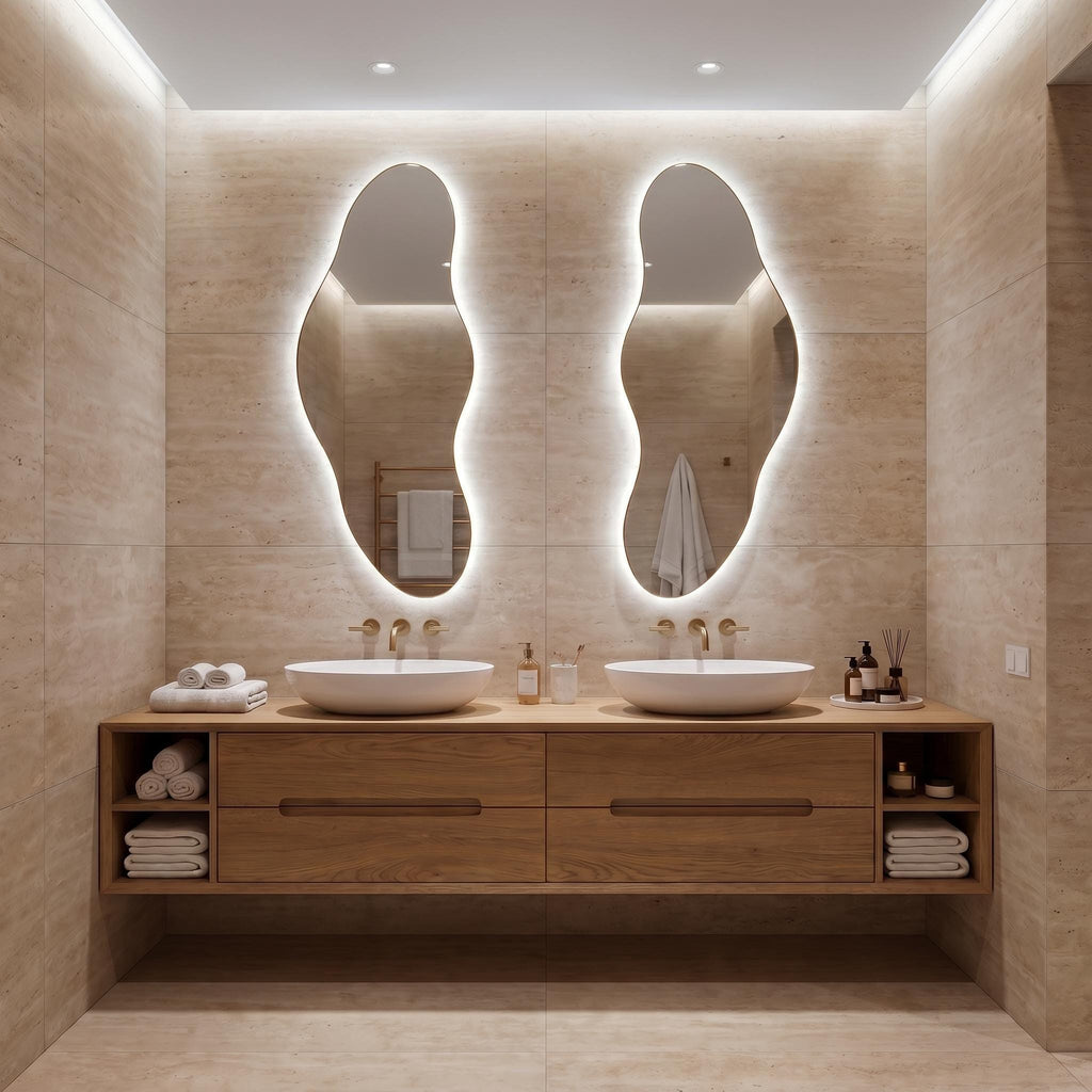 Organic LED Bathroom Mirror Set of Two, Asymmetrical Frameless Vanity Decor