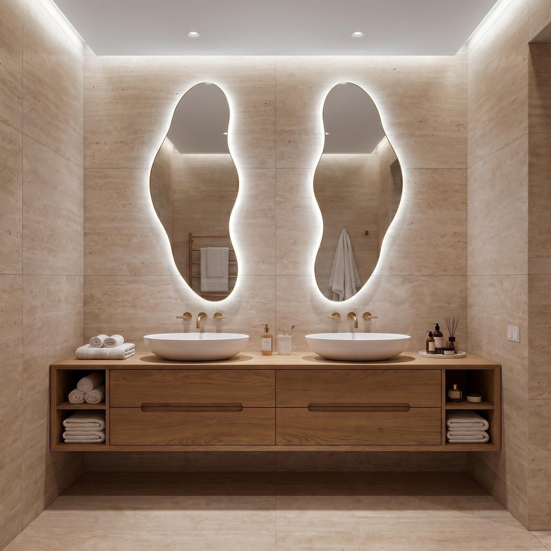 Organic LED Bathroom Mirror Set of Two, Asymmetrical Frameless Vanity Decor