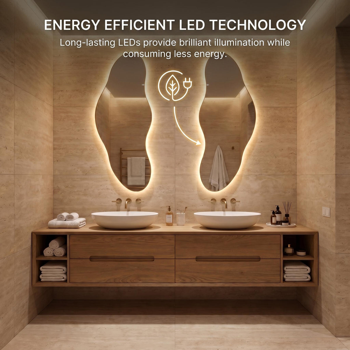 Organic LED Bathroom Mirror Set of Two, Asymmetrical Frameless Vanity Decor