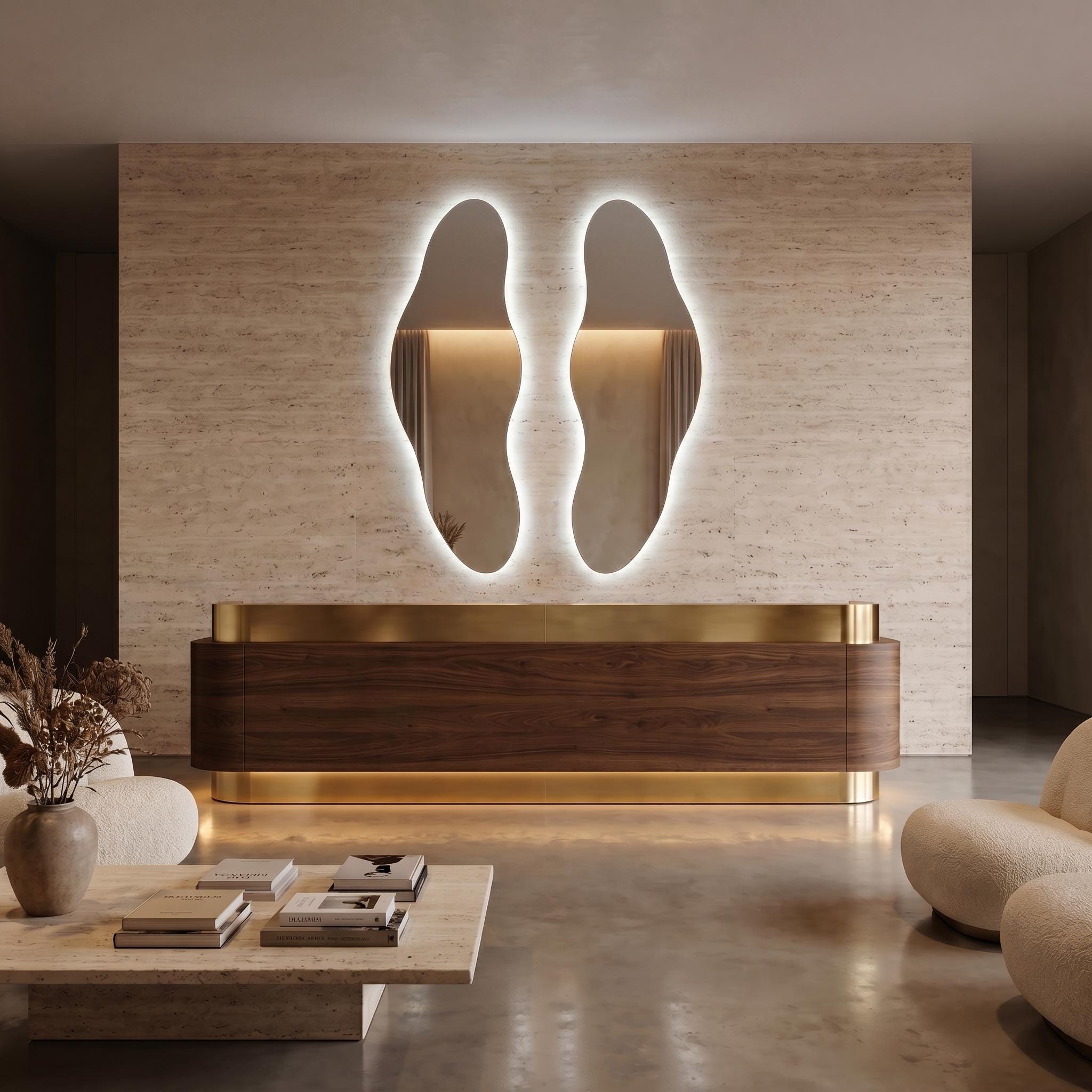 Organic LED Bathroom Mirror Set of Two, Asymmetrical Frameless Vanity Decor