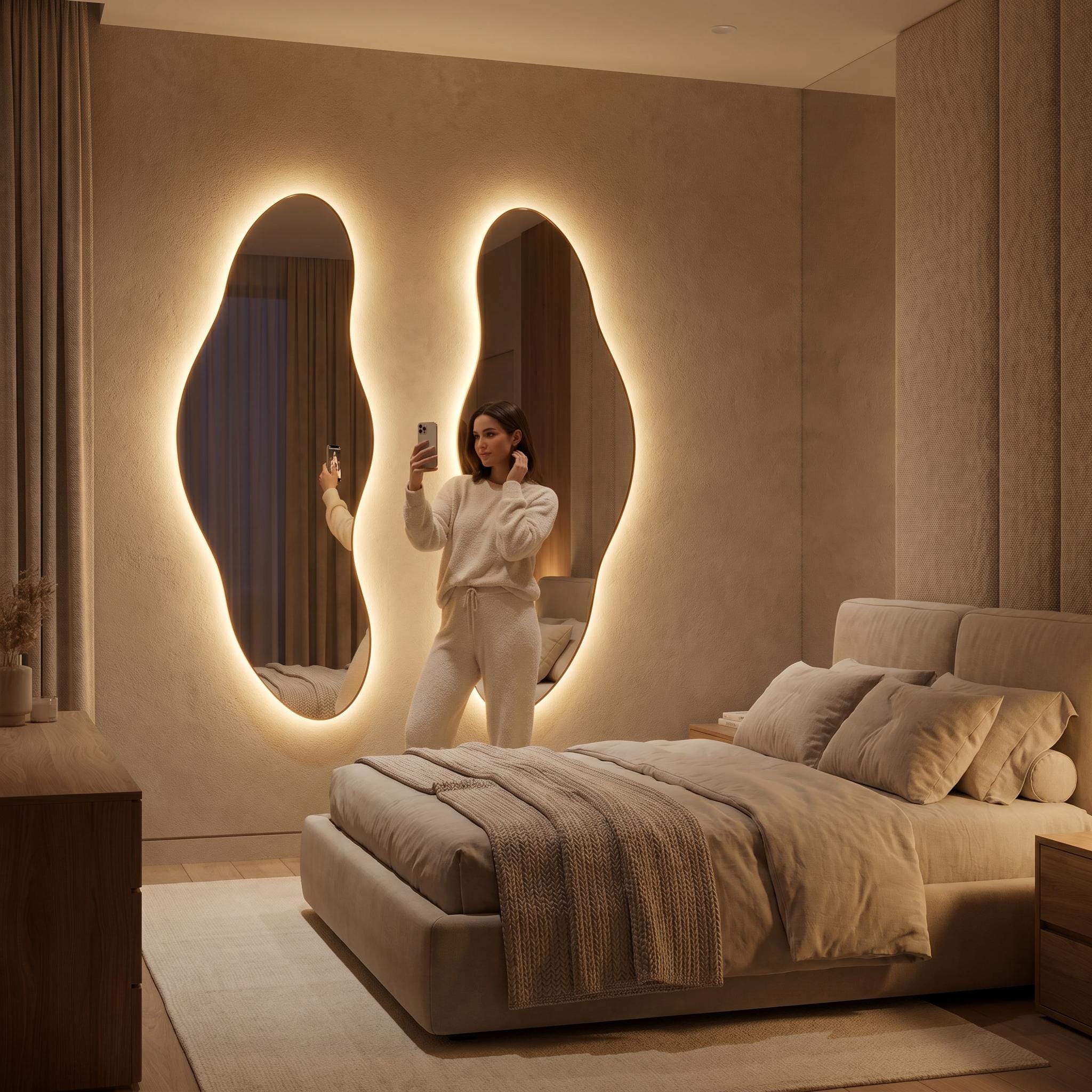 Organic LED Bathroom Mirror Set of Two, Asymmetrical Frameless Vanity Decor
