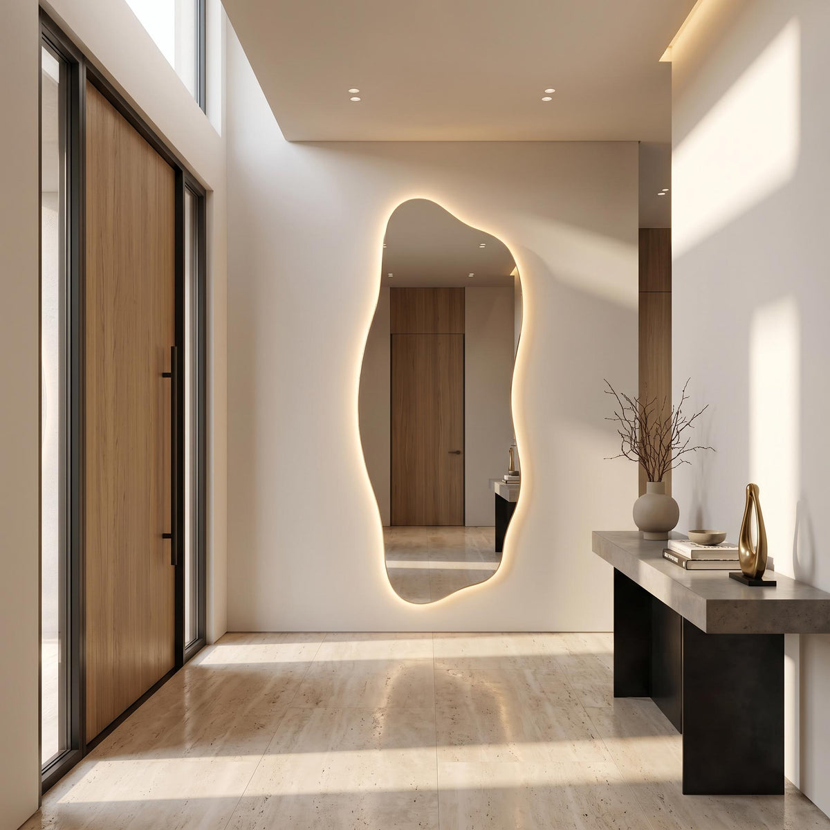 Organic LED Wall Mirror, Frameless Asymmetrical Vanity Decor Modern Entryway Accent