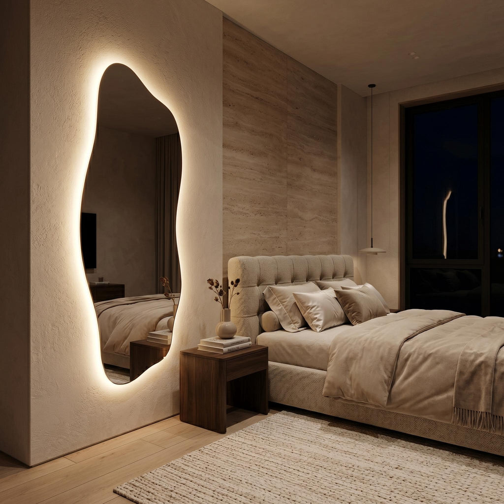 Organic LED Wall Mirror, Frameless Asymmetrical Vanity Decor Modern Entryway Accent