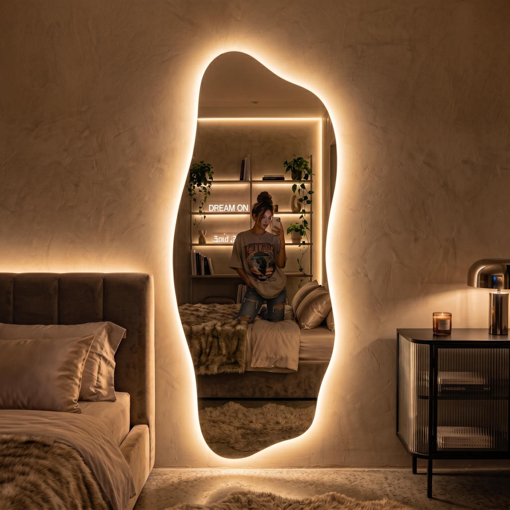 Organic LED Wall Mirror, Frameless Asymmetrical Vanity Decor Modern Entryway Accent