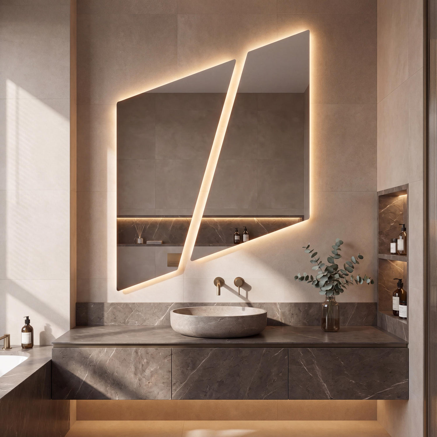 Asymmetrical Geometric LED Bathroom Mirror, Backlit Vanity Wall Light (Warm White/Neutral White)