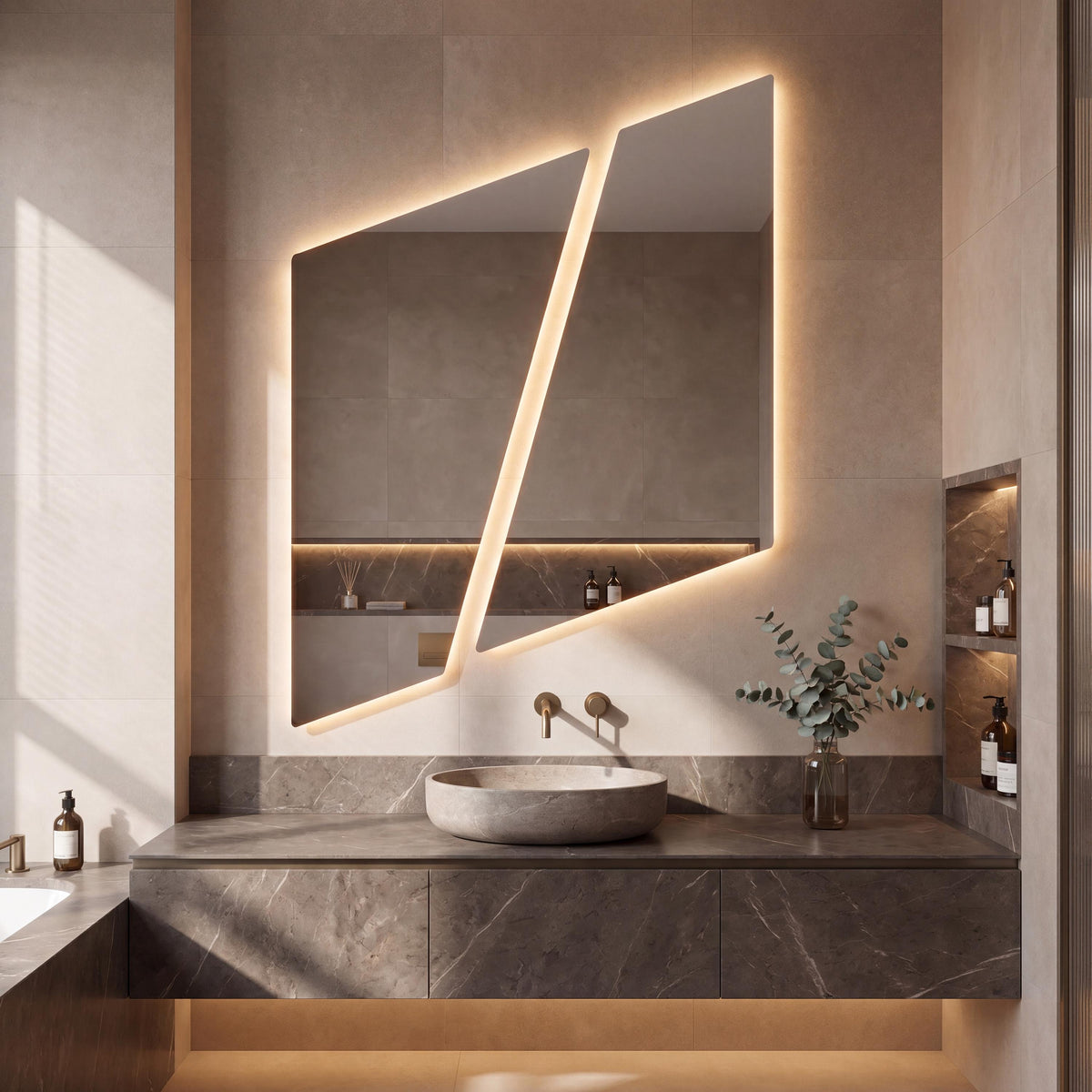 Asymmetrical Geometric LED Bathroom Mirror, Backlit Vanity Wall Light (Warm White/Neutral White)