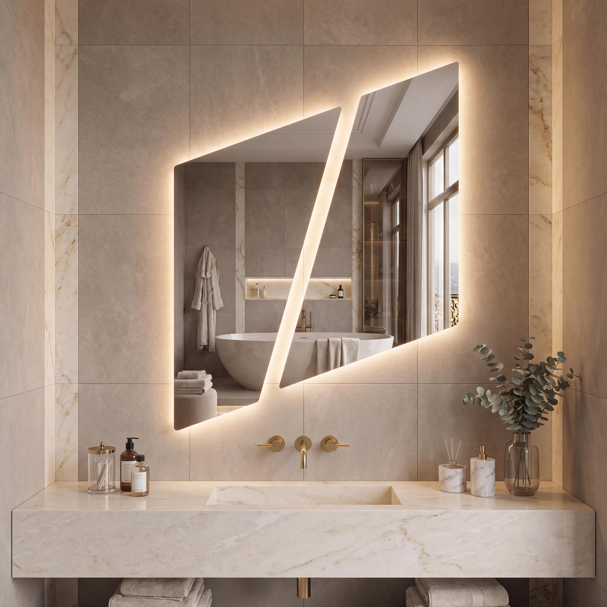 Asymmetrical Geometric LED Bathroom Mirror, Backlit Vanity Wall Light (Warm White/Neutral White)