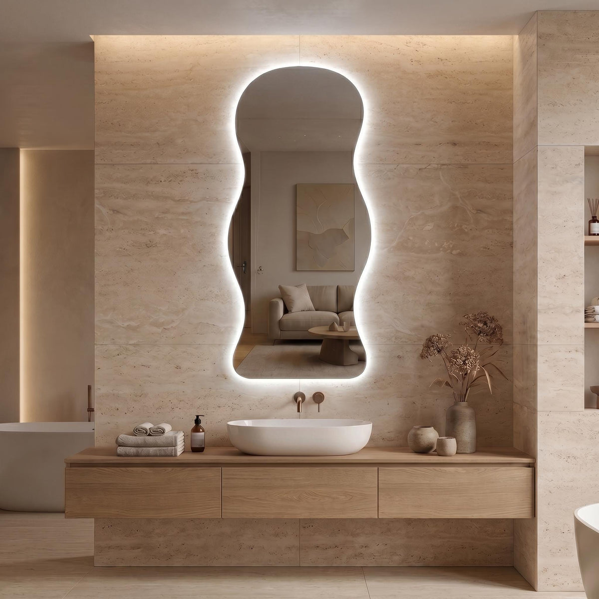 Organic LED Bathroom Mirror, Frameless Irregular Vanity Decor Modern Wall Accent