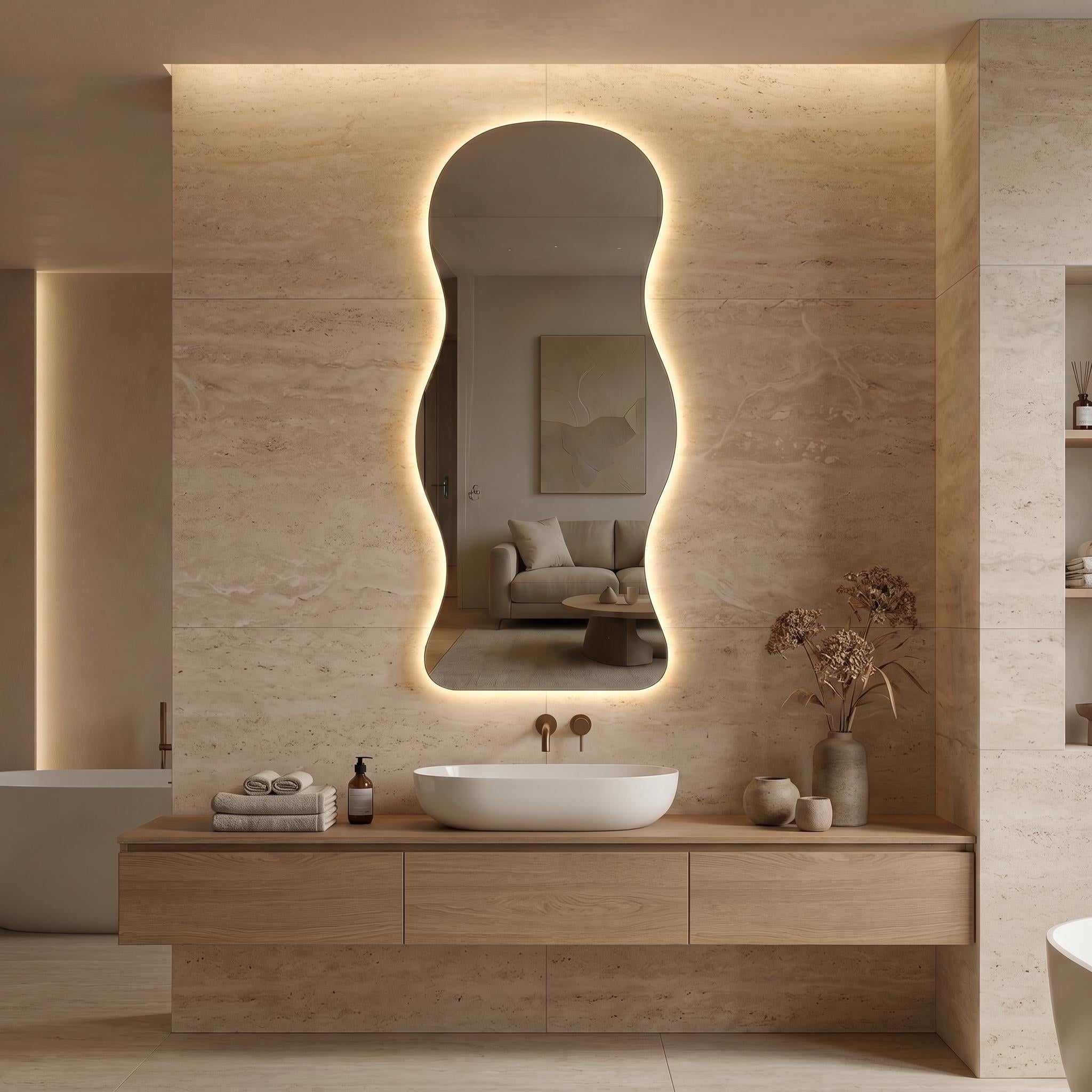 Organic LED Bathroom Mirror, Frameless Irregular Vanity Decor Modern Wall Accent