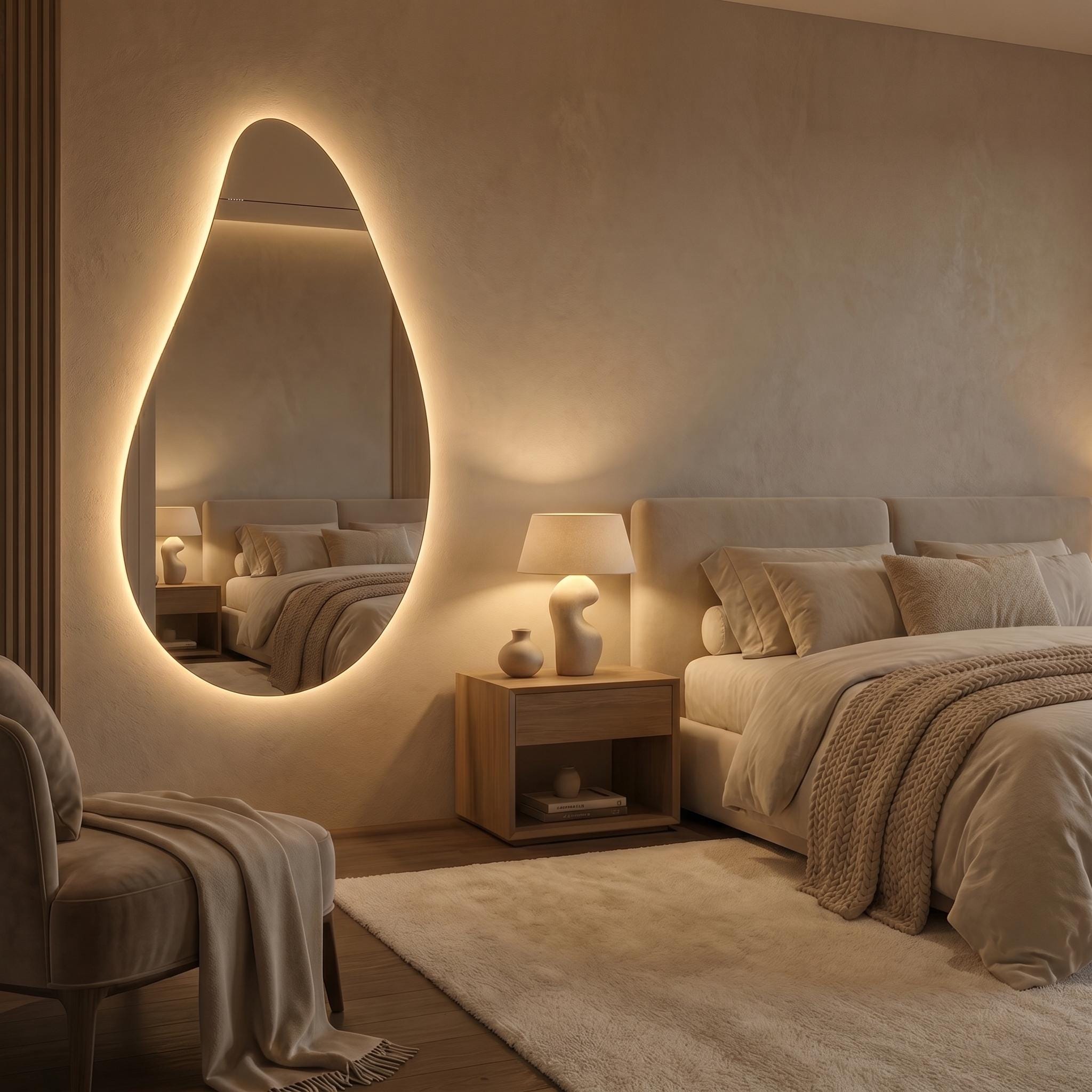 Organic Teardrop LED Mirror, Frameless Bathroom Vanity Decor Modern Wall Accent
