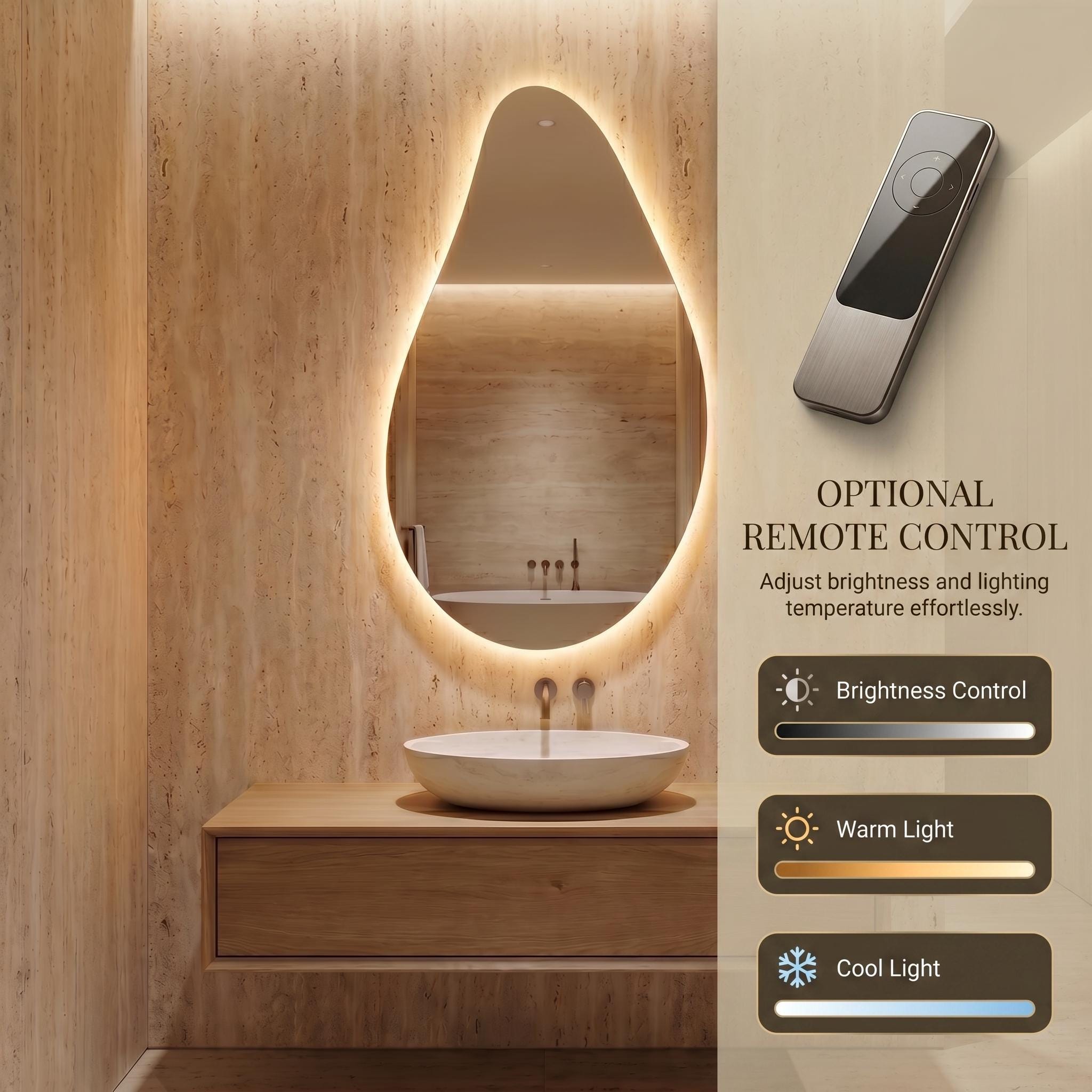 Organic Teardrop LED Mirror, Frameless Bathroom Vanity Decor Modern Wall Accent