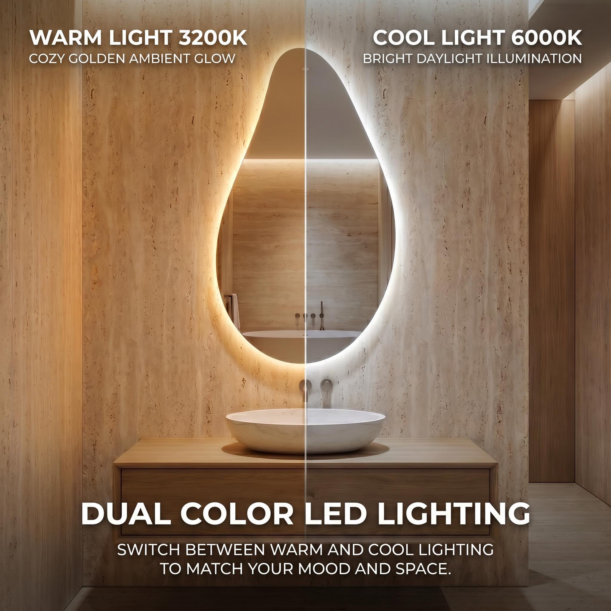 Organic Teardrop LED Mirror, Frameless Bathroom Vanity Decor Modern Wall Accent