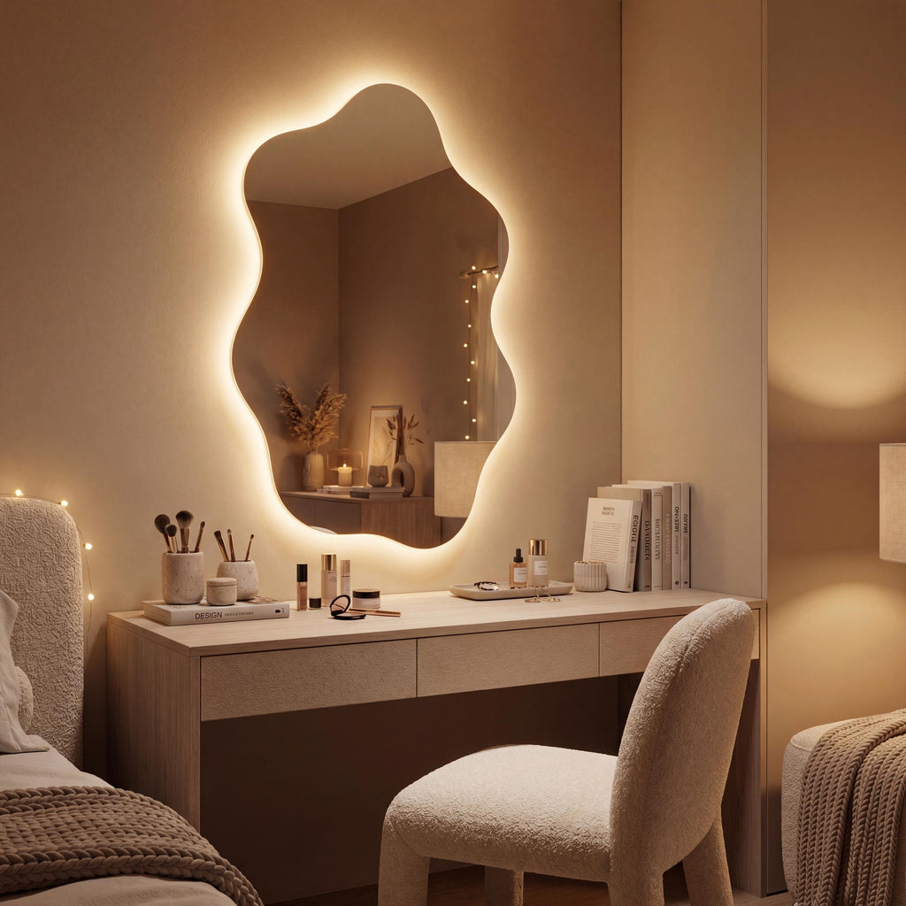 Asymmetrical Organic LED Bathroom Mirror, Modern Luxury Wall Vanity Light Glow