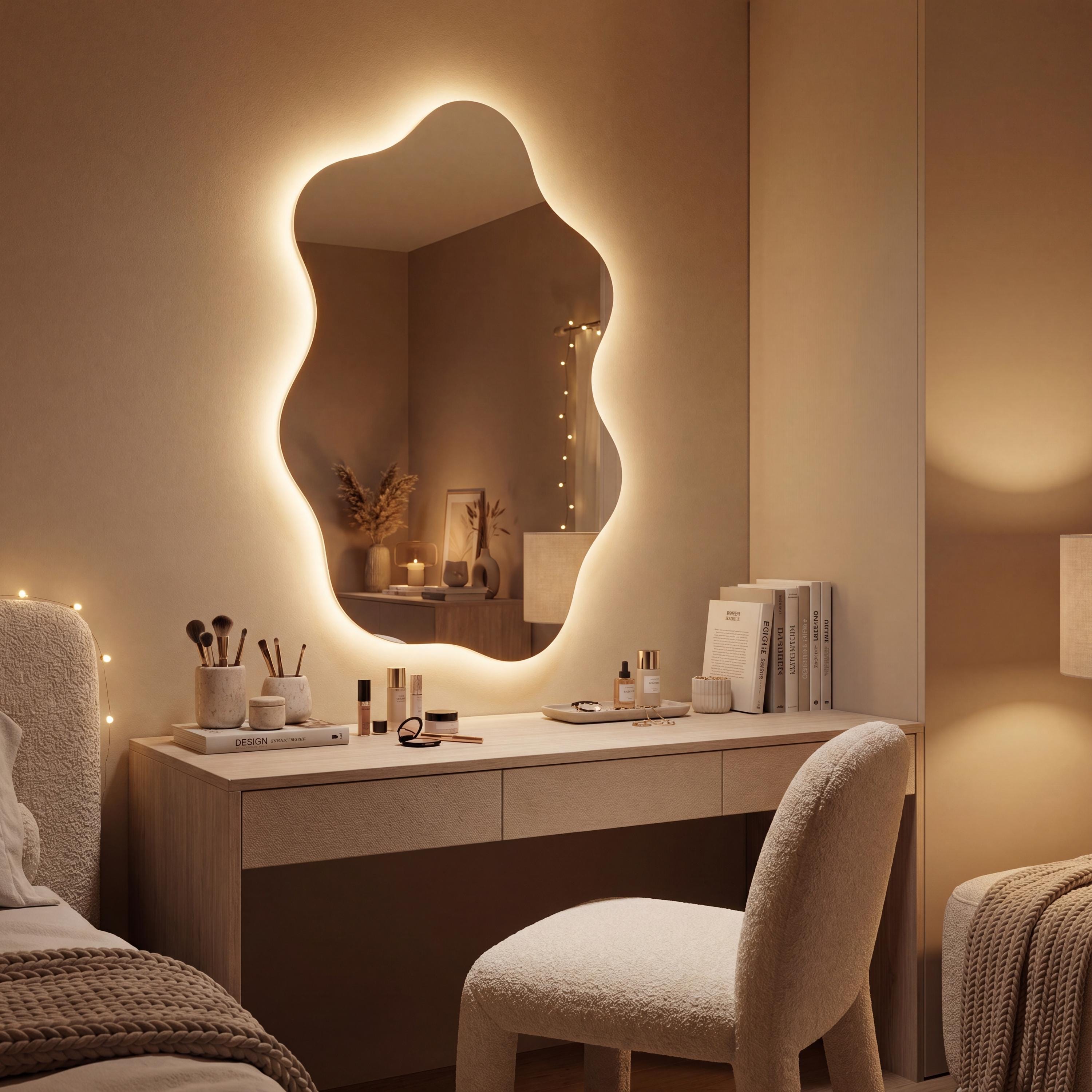 Asymmetrical Organic LED Bathroom Mirror, Modern Luxury Wall Vanity Light Glow