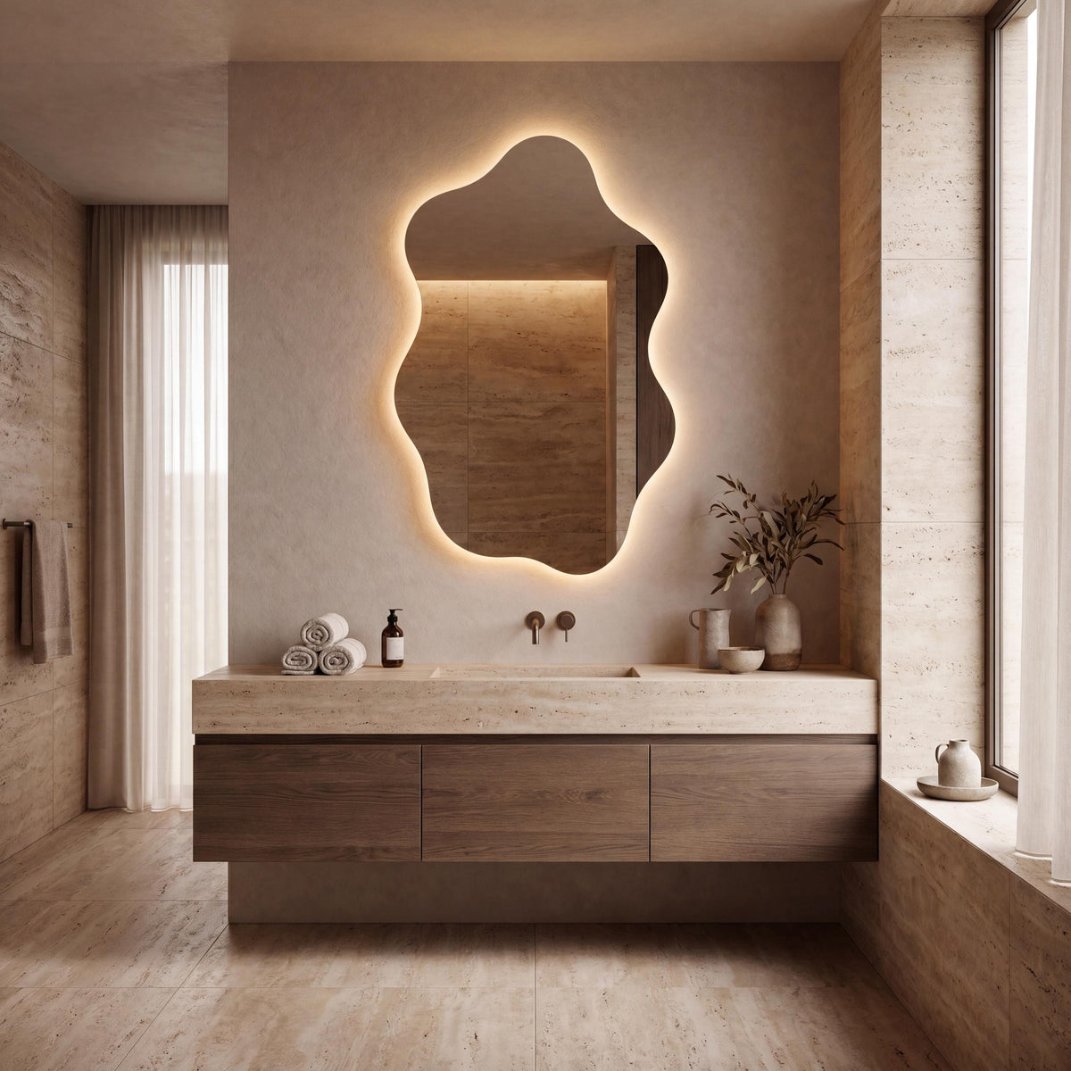 Asymmetrical Organic LED Bathroom Mirror, Modern Luxury Wall Vanity Light Glow